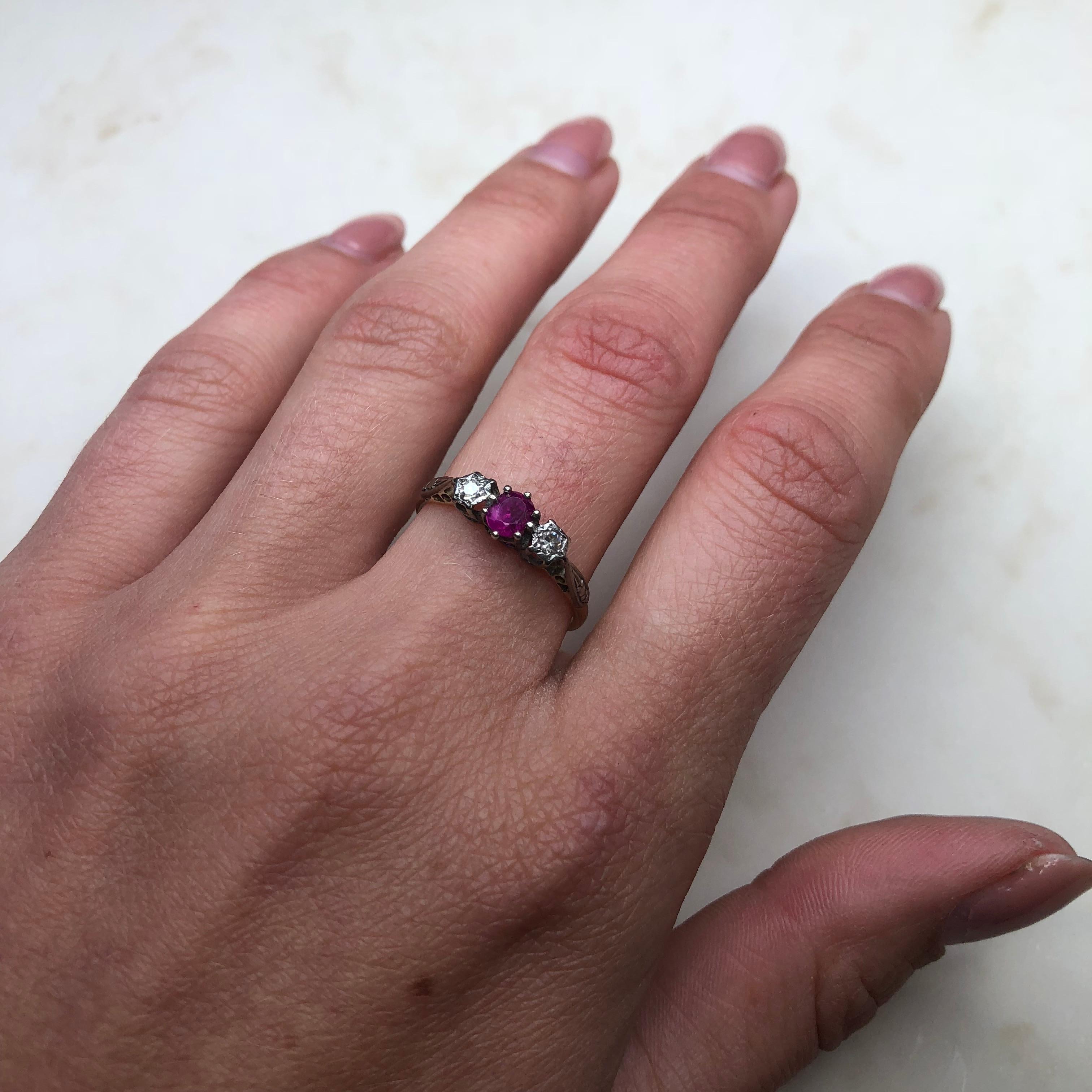 Women's Vintage Ruby and Diamond 18 Carat Three-Stone Ring