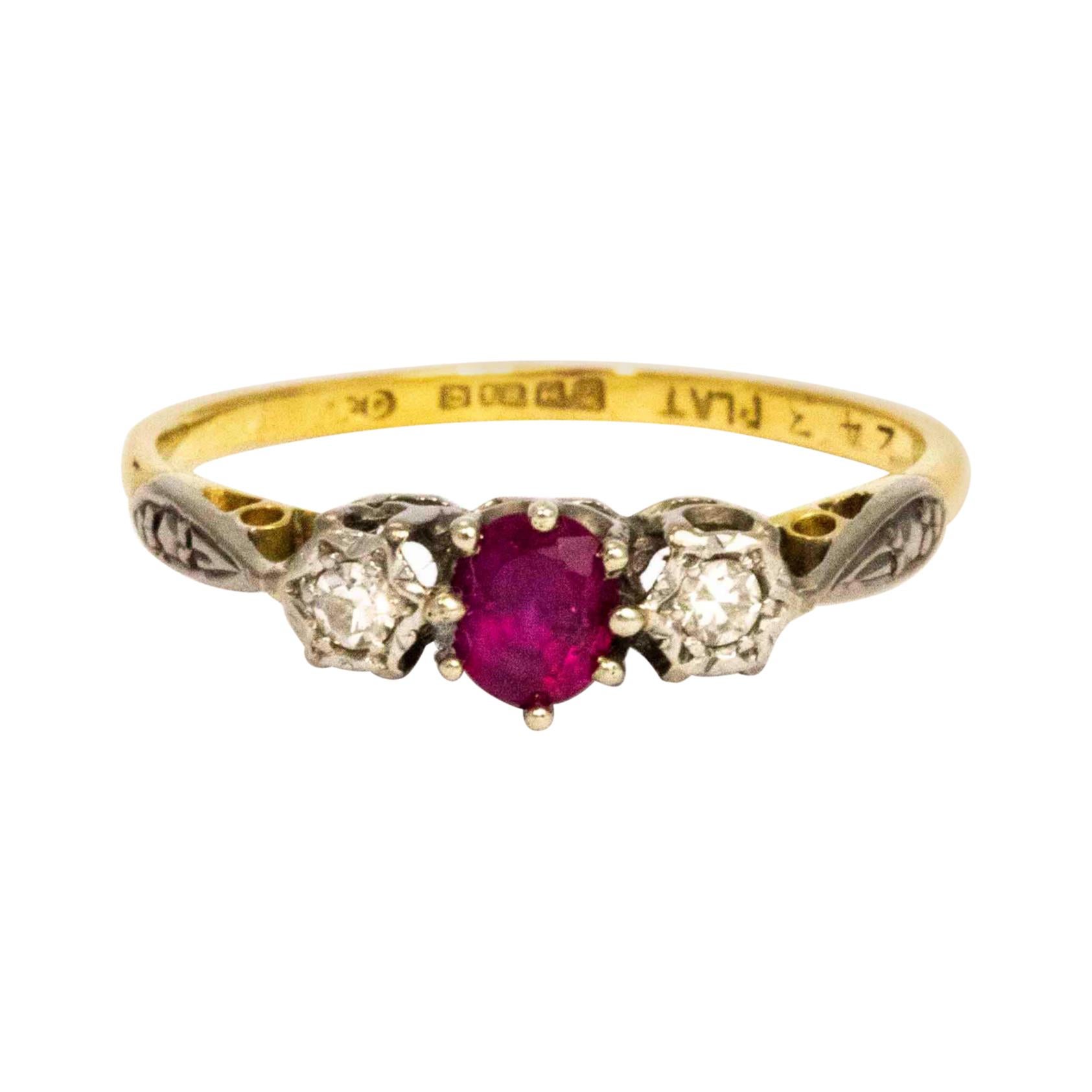 Vintage Ruby and Diamond 18 Carat Three-Stone Ring