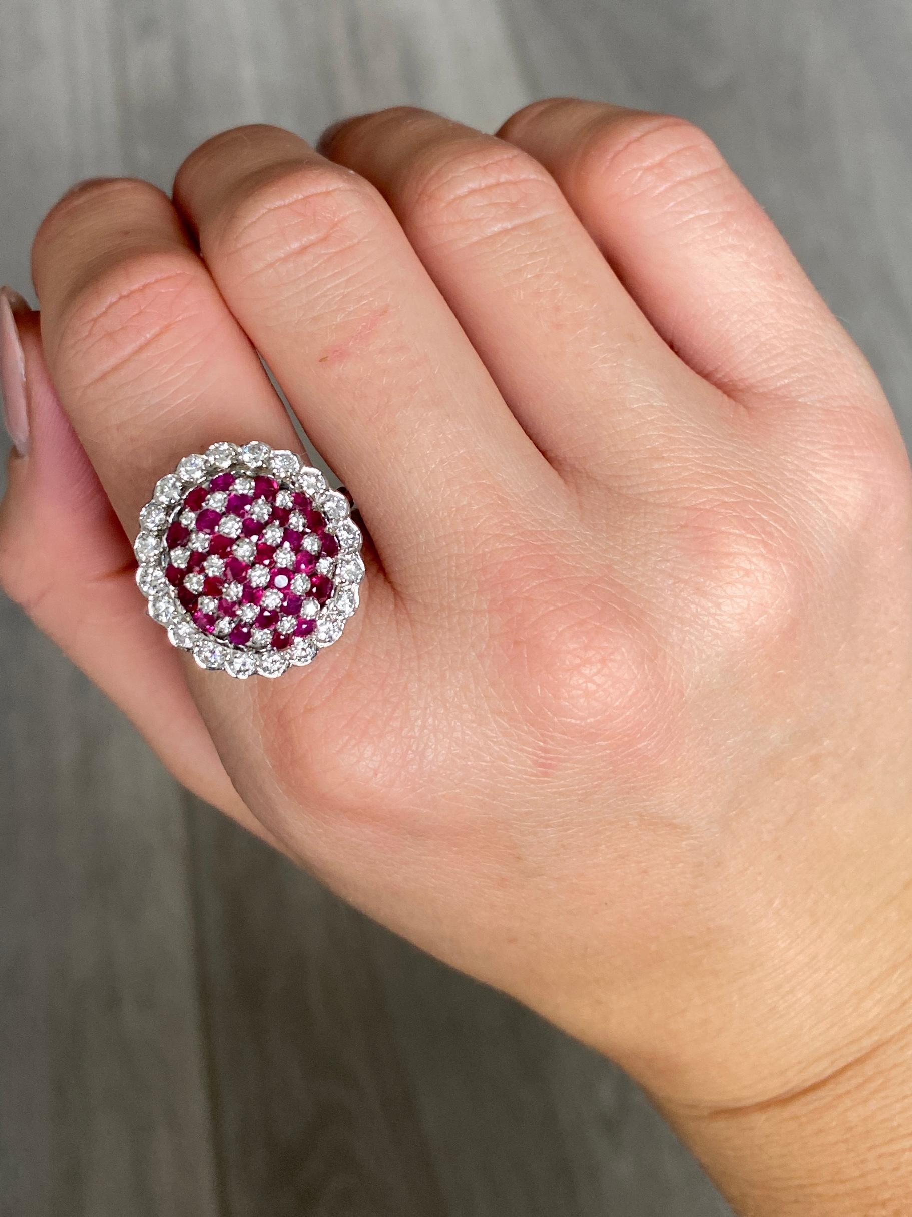 Modern Vintage Ruby and Diamond 18 Carat White Gold Bombe Ring For Sale