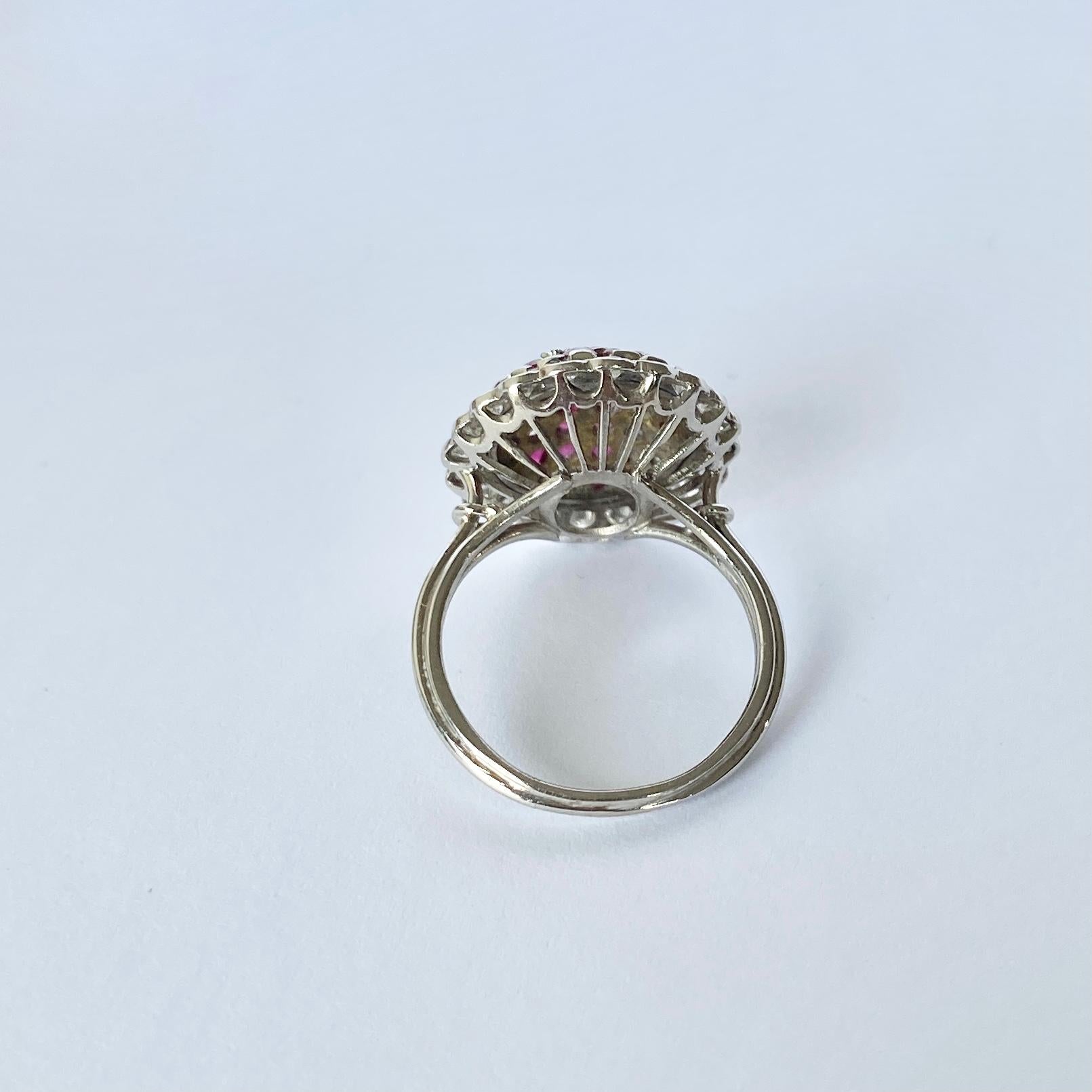 Brilliant Cut Vintage Ruby and Diamond 18 Carat White Gold Bombe Ring For Sale