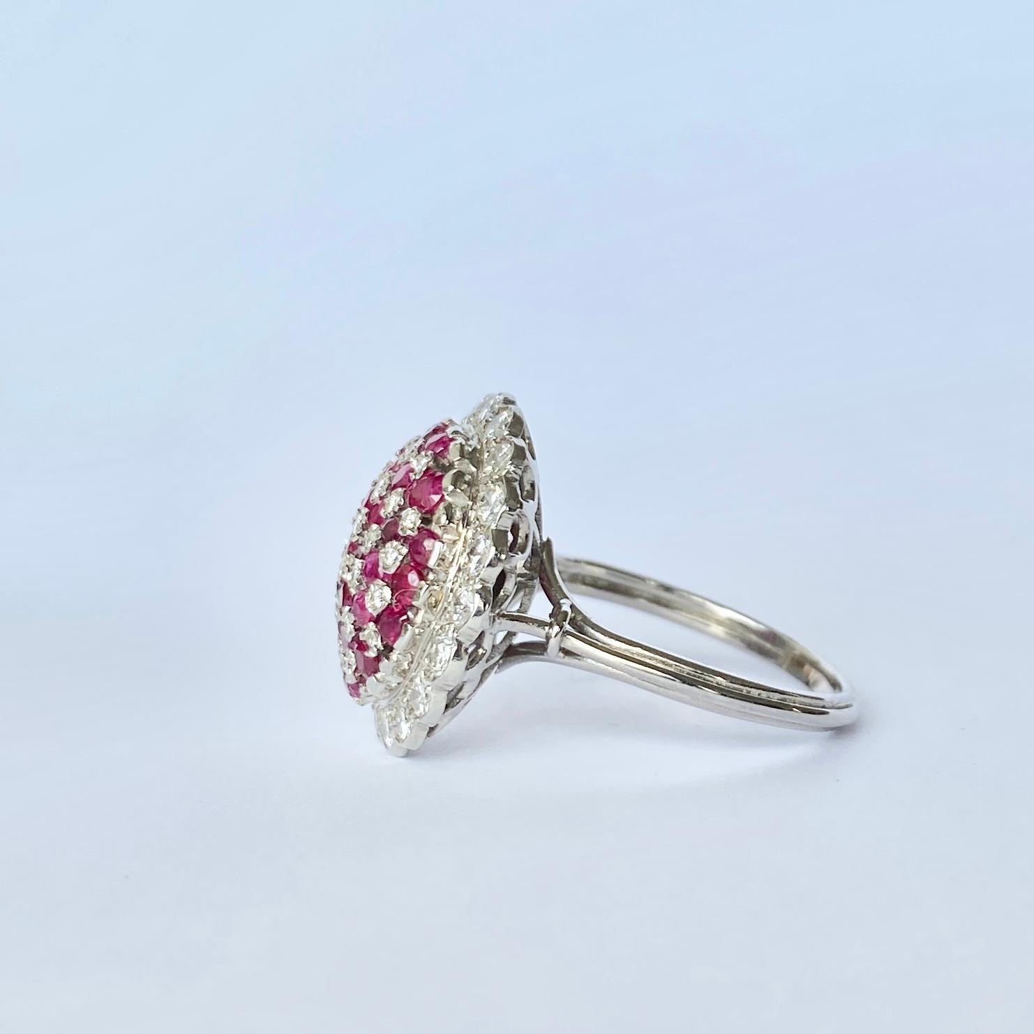 Vintage Ruby and Diamond 18 Carat White Gold Bombe Ring In Good Condition For Sale In Chipping Campden, GB