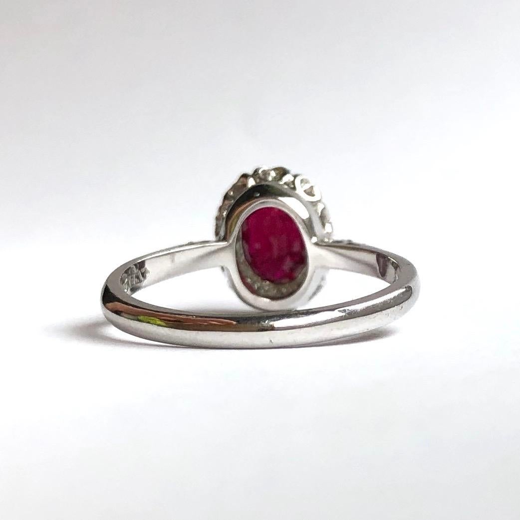 Modern Vintage Ruby and Diamond 18 Carat White Gold Cluster Ring
