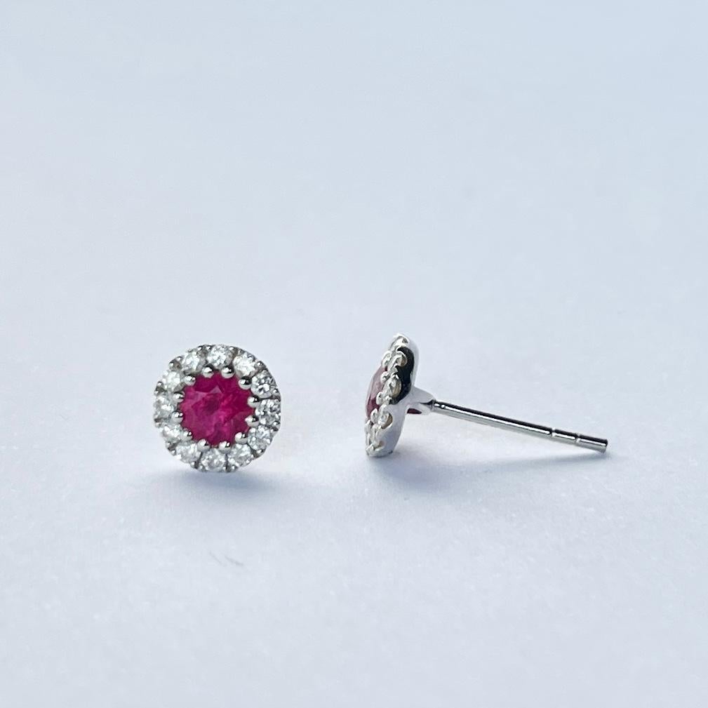 Round Cut Vintage Ruby and Diamond 18 Carat White Gold Cluster Stud Earrings For Sale