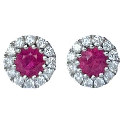 Vintage Ruby and Diamond 18 Carat White Gold Cluster Stud Earrings