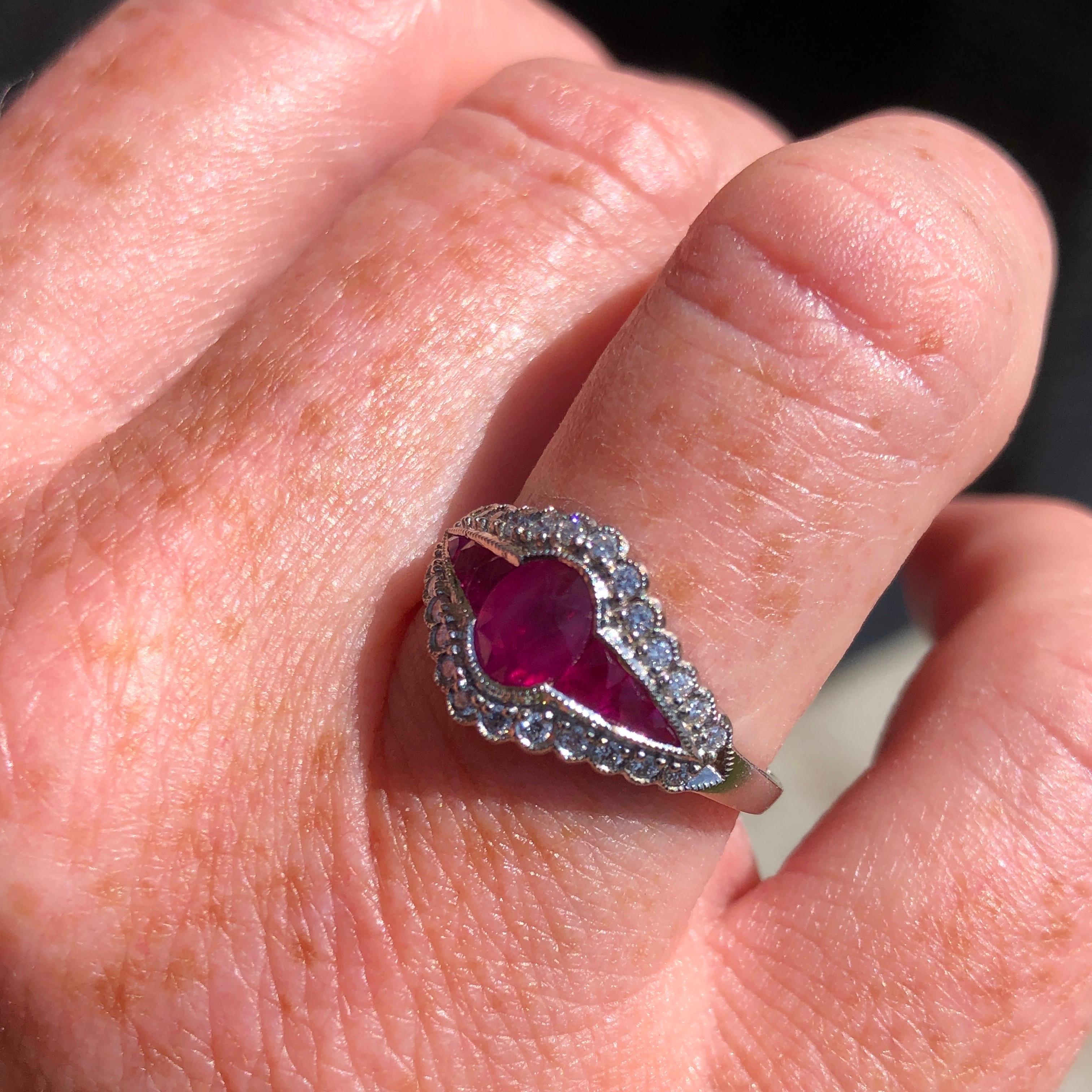 Vintage Ruby and Diamond 18 Carat White Gold Ring In Excellent Condition In Chipping Campden, GB