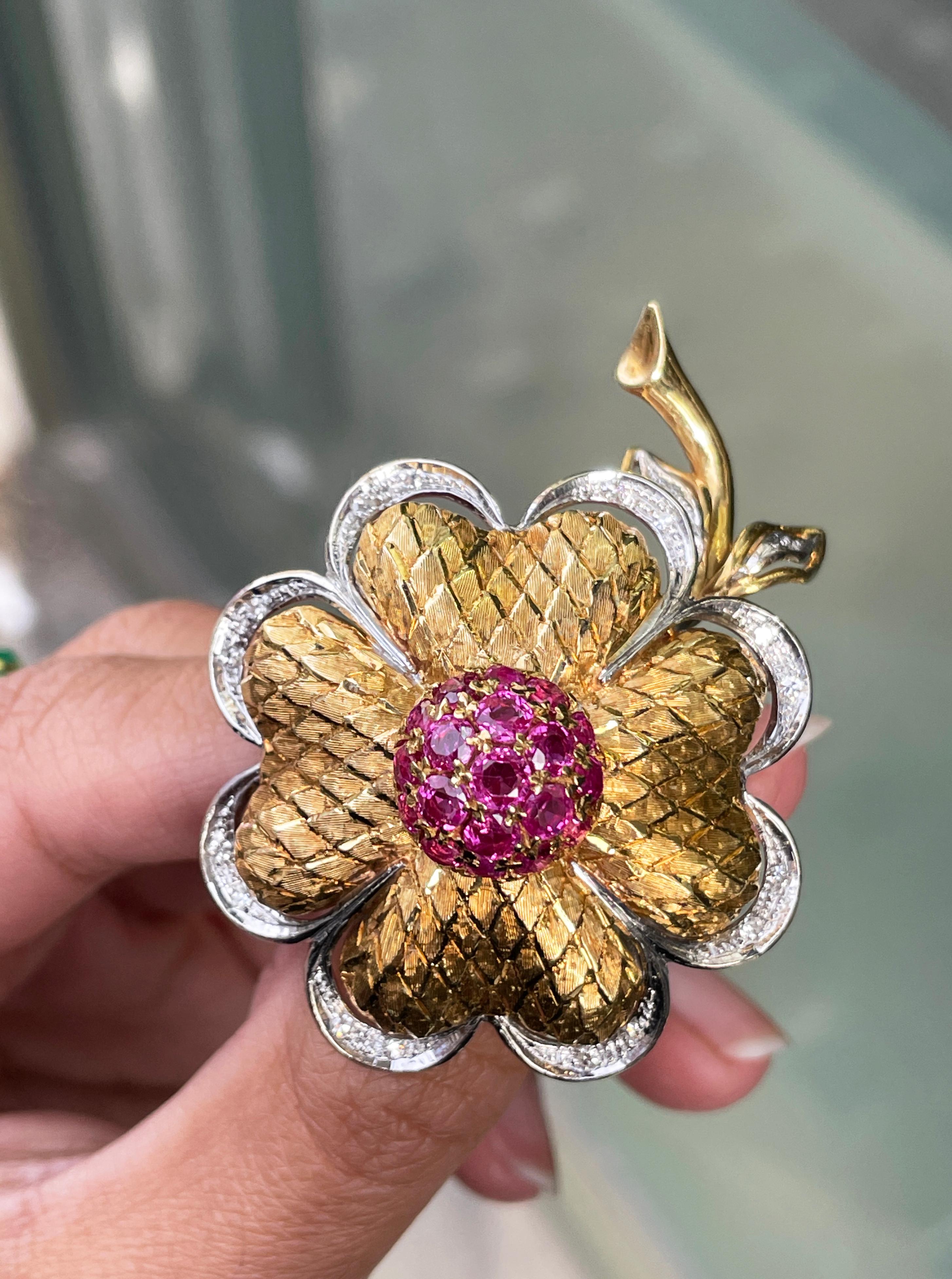 Round Cut Vintage Ruby and Diamond 18 Carat White & Yellow Gold Flower Brooch For Sale