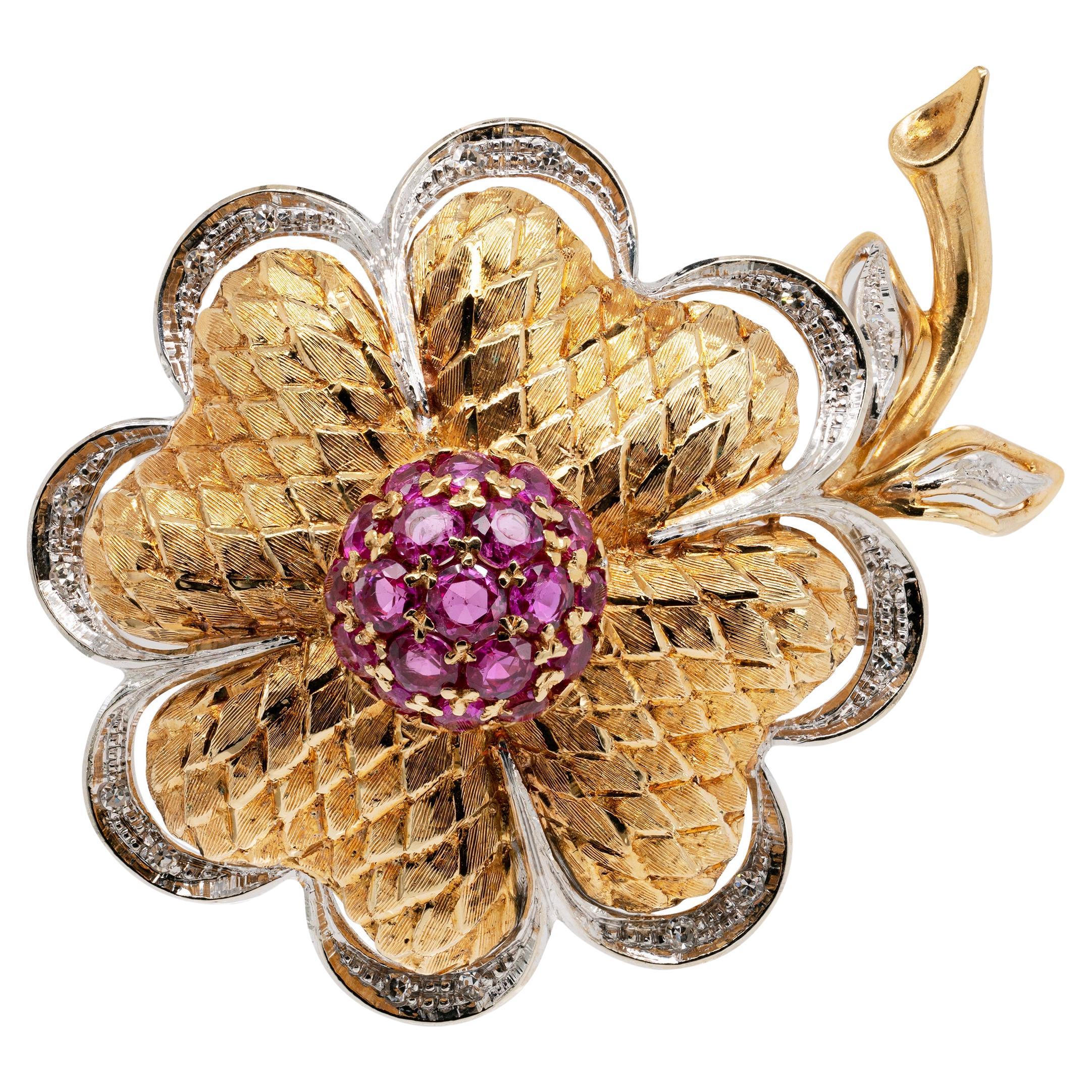 Vintage Ruby and Diamond 18 Carat White & Yellow Gold Flower Brooch For Sale