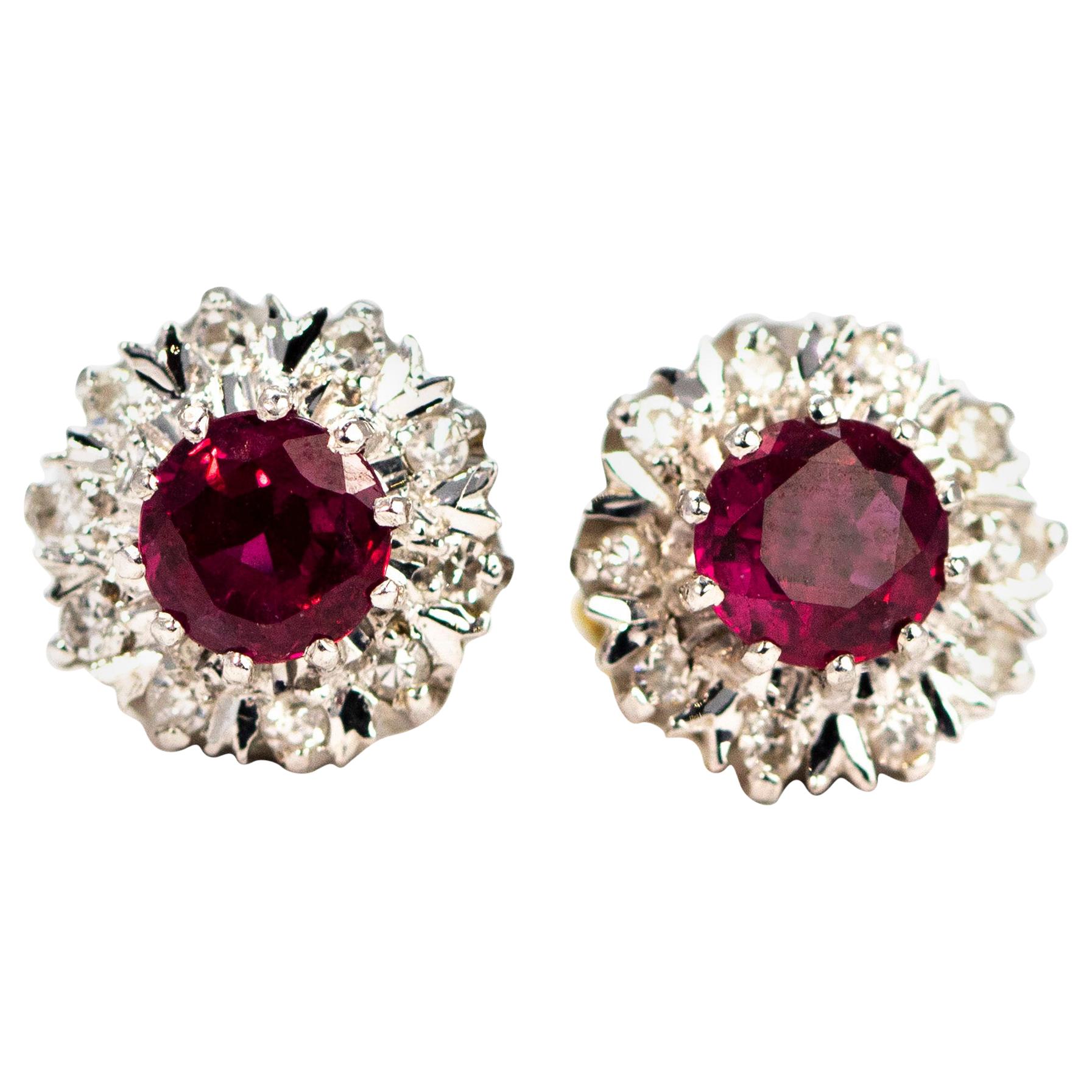 Vintage Ruby and Diamond 18 Carat Gold Cluster Stud Earrings