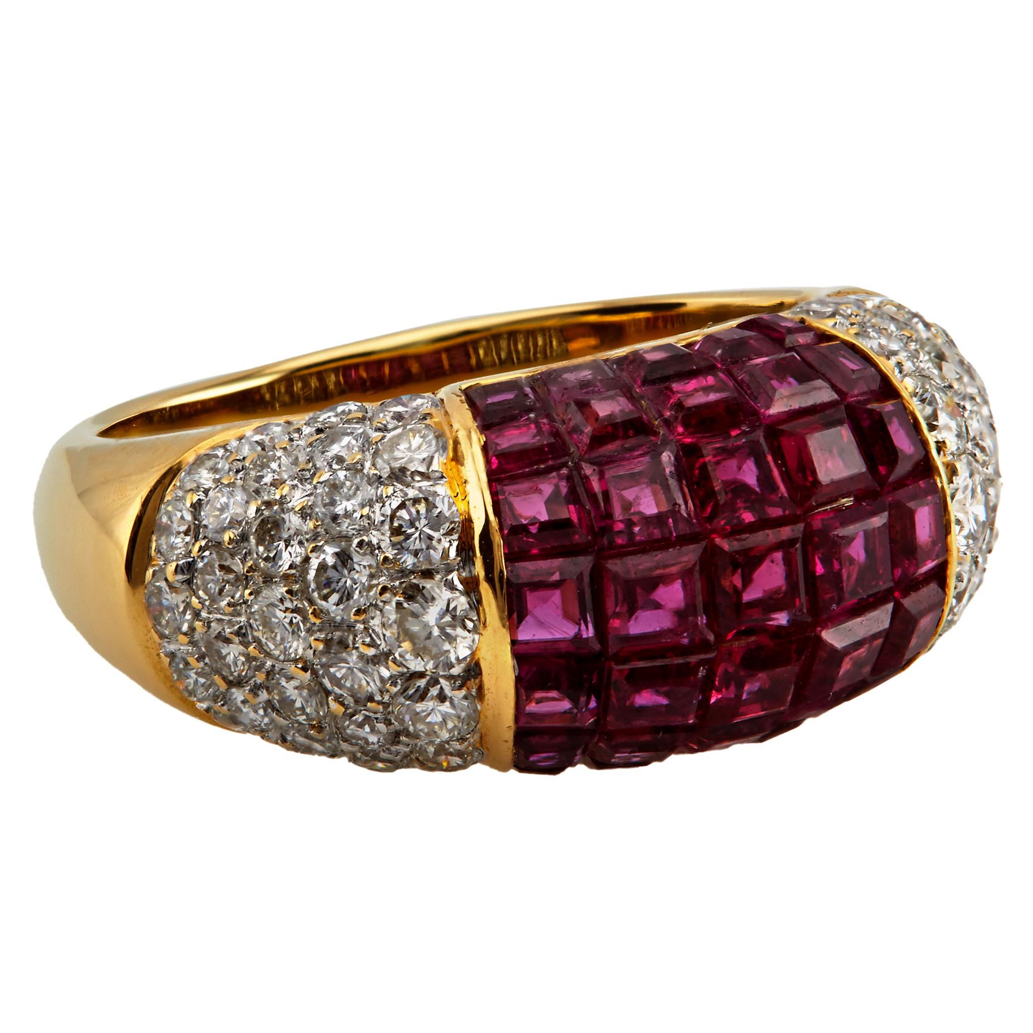 Vintage Ruby and Diamond 18k Yellow Gold Invisible Set Dome Ring In Good Condition In Beverly Hills, CA