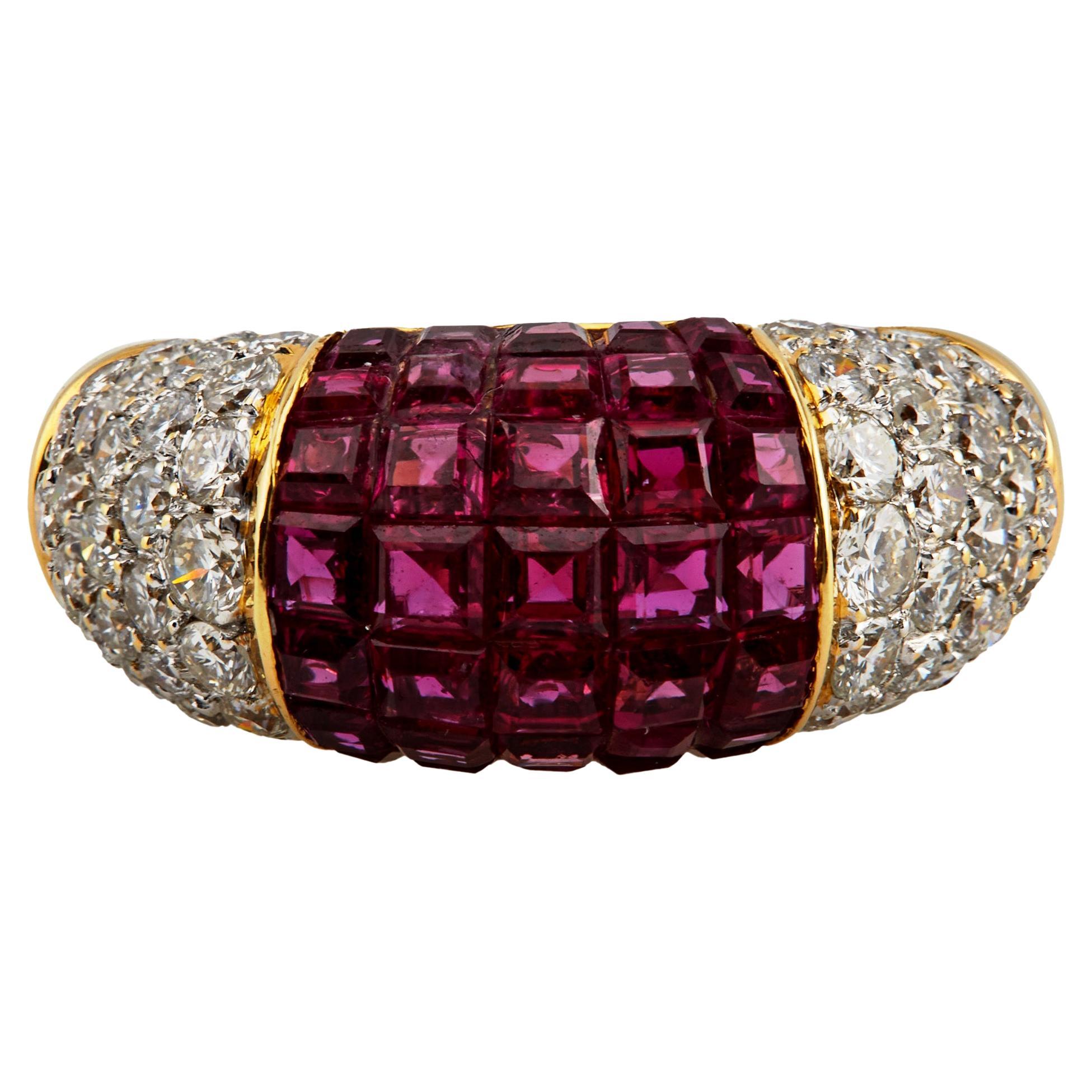 Vintage Ruby and Diamond 18k Yellow Gold Invisible Set Dome Ring