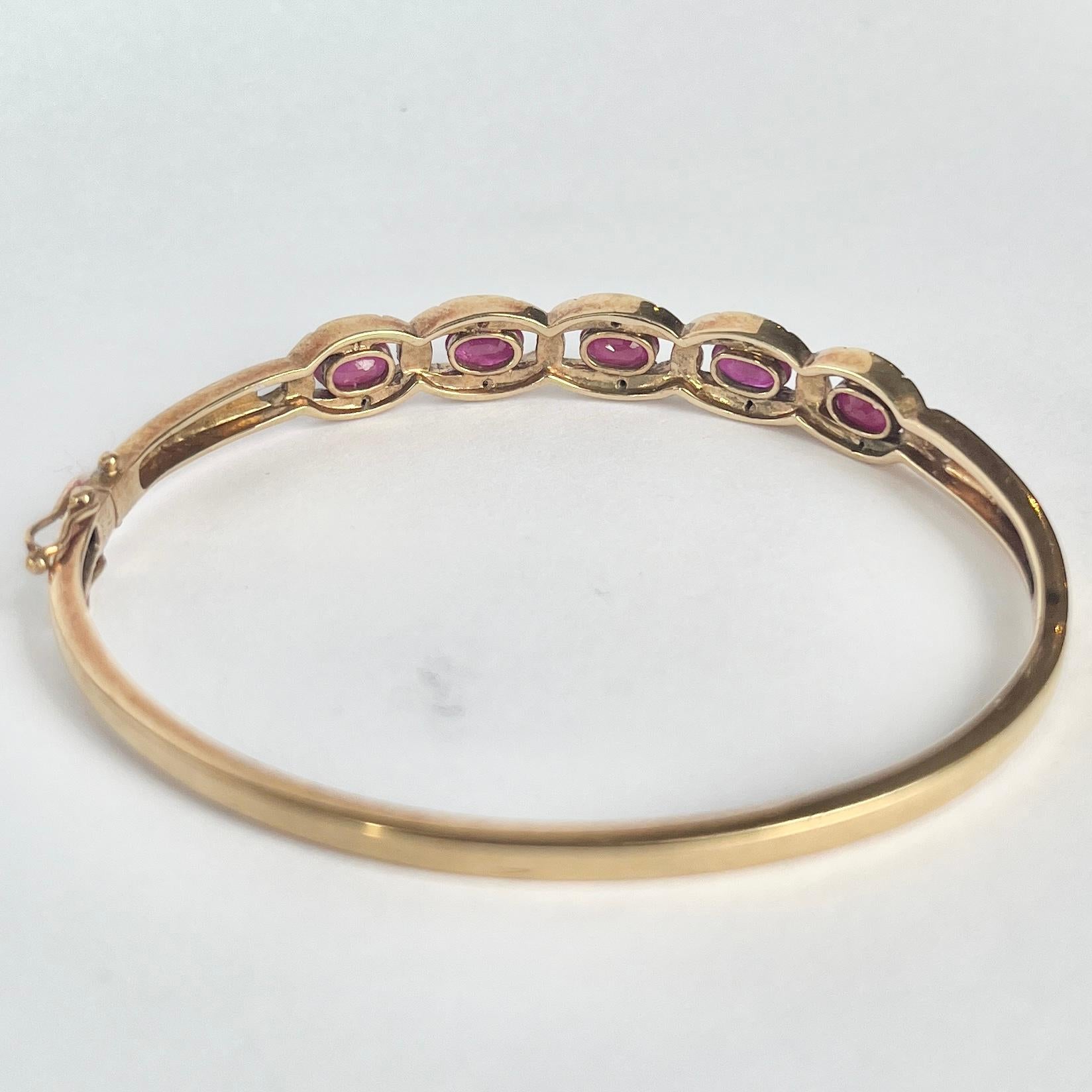Oval Cut Vintage Ruby and Diamond 9 Carat Gold Bangle For Sale