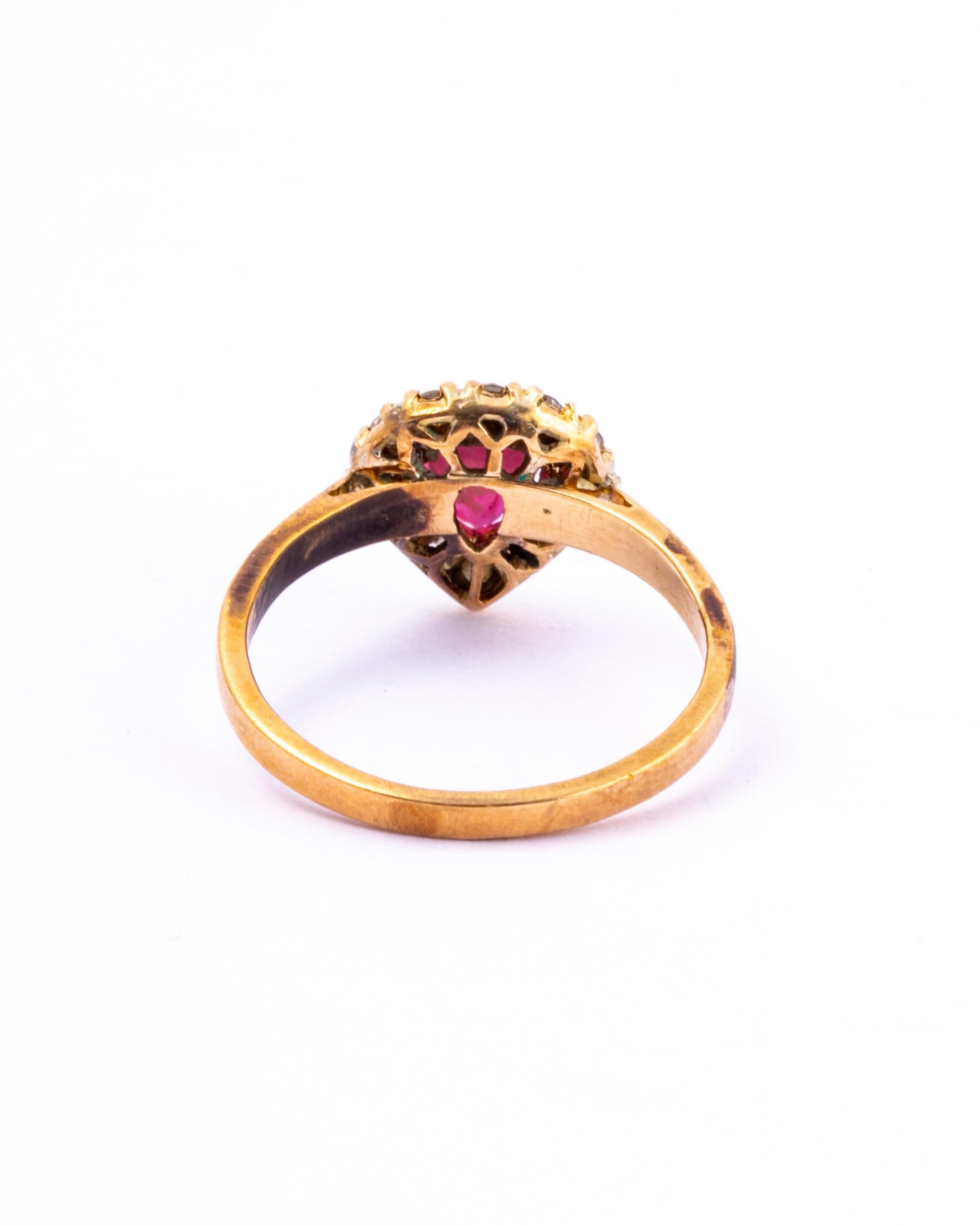 Pear Cut Vintage Ruby and Diamond 9 Carat Gold Cluster Ring