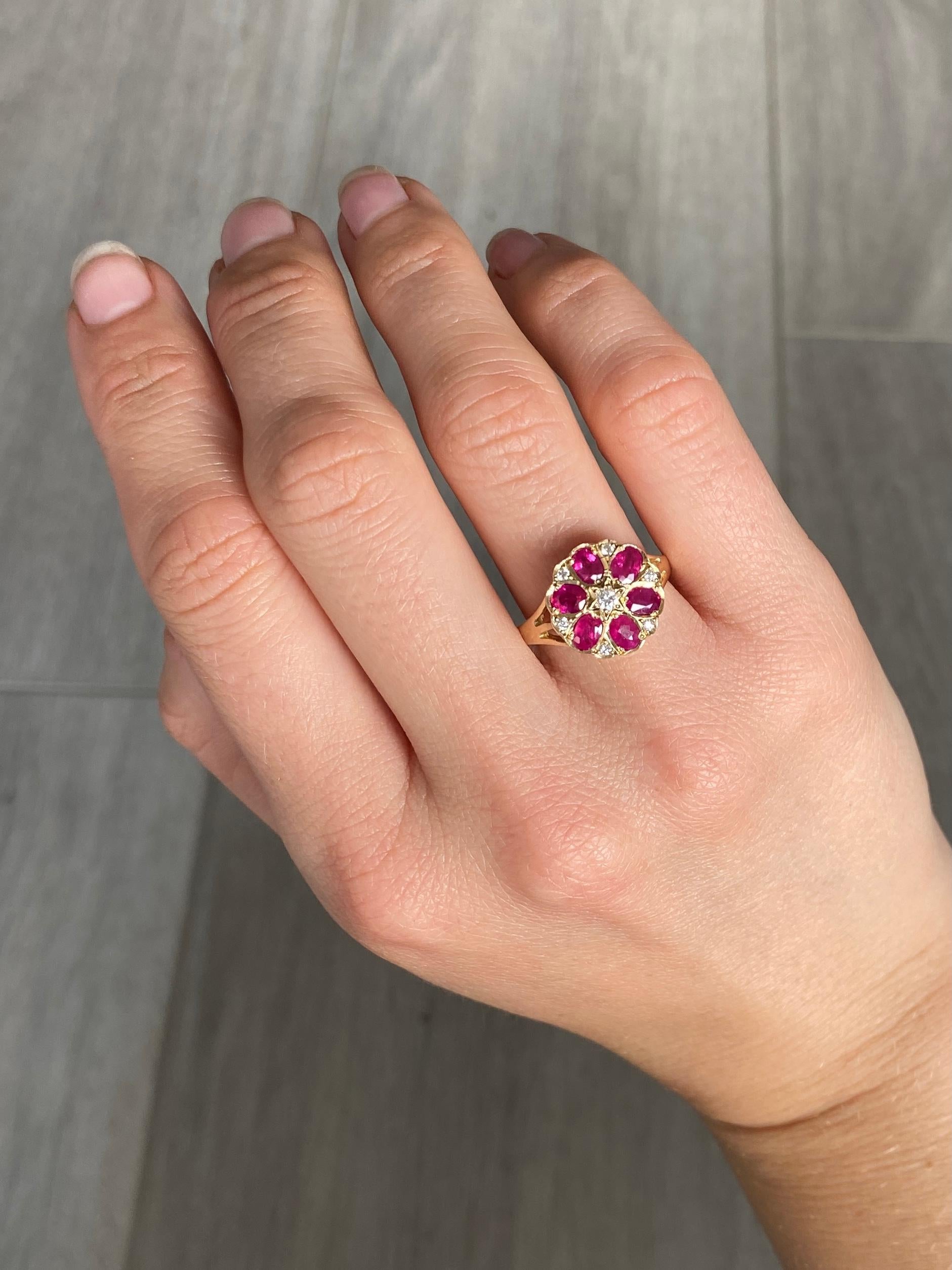 Brilliant Cut Vintage Ruby and Diamond 9 Carat Gold Cluster Ring For Sale