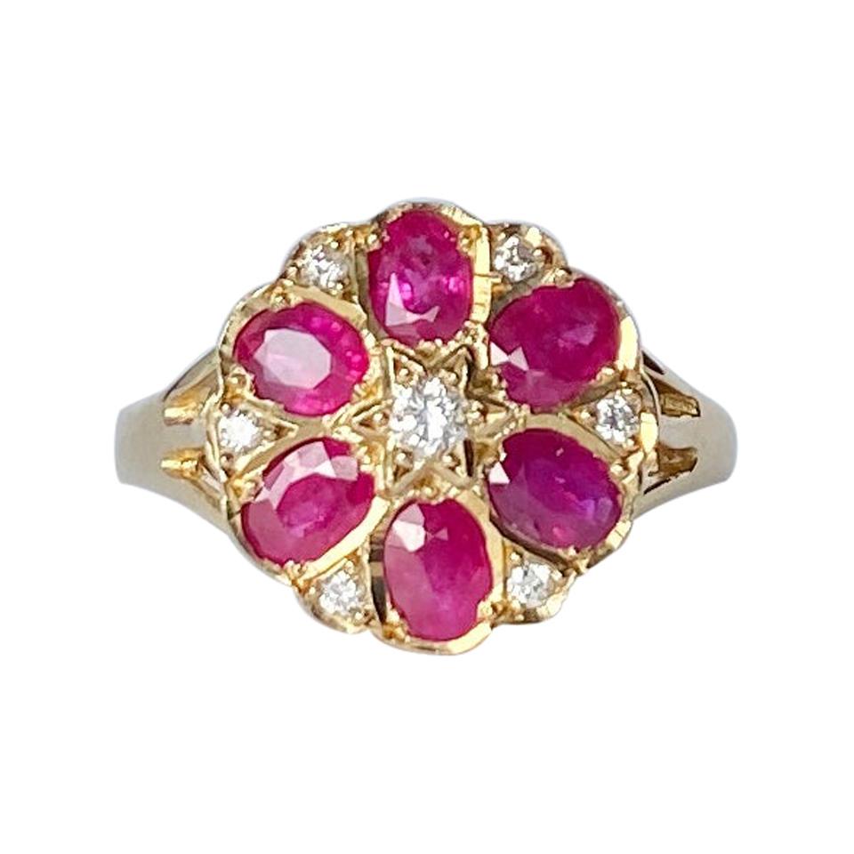 Vintage Ruby and Diamond 9 Carat Gold Cluster Ring For Sale