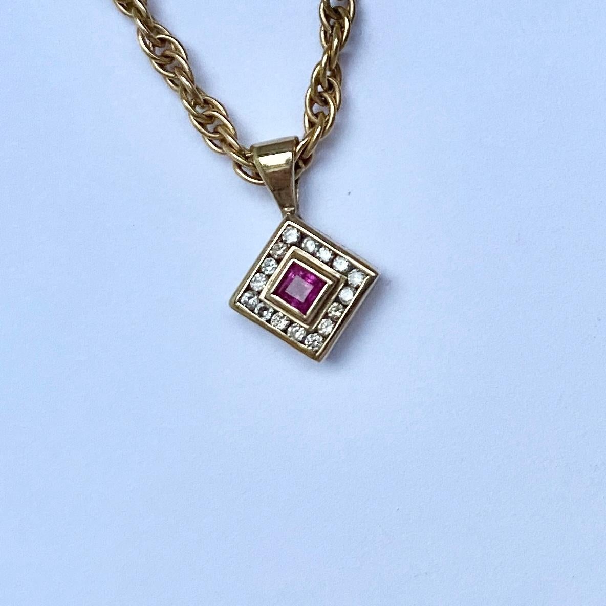Square Cut Vintage Ruby and Diamond 9 Carat Gold Necklace and Pendant For Sale