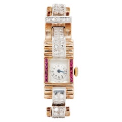 Vintage Ruby and Diamond 9 Carat Gold Retro Cocktail Wristwatch, circa 1950s