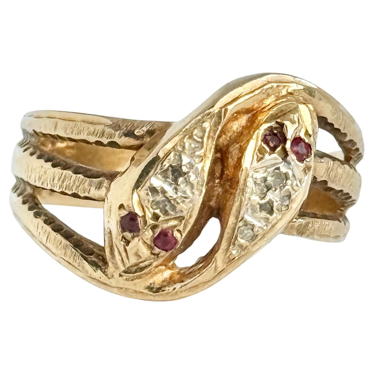 Anello a serpente in oro 9 carati con rubini e diamanti d'epoca