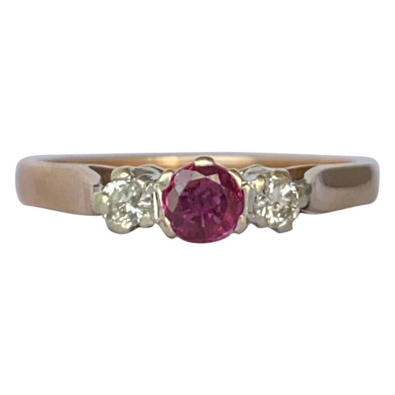 Vintage Ruby and Diamond 9 Carat Gold Three-Stone Ring For Sale
