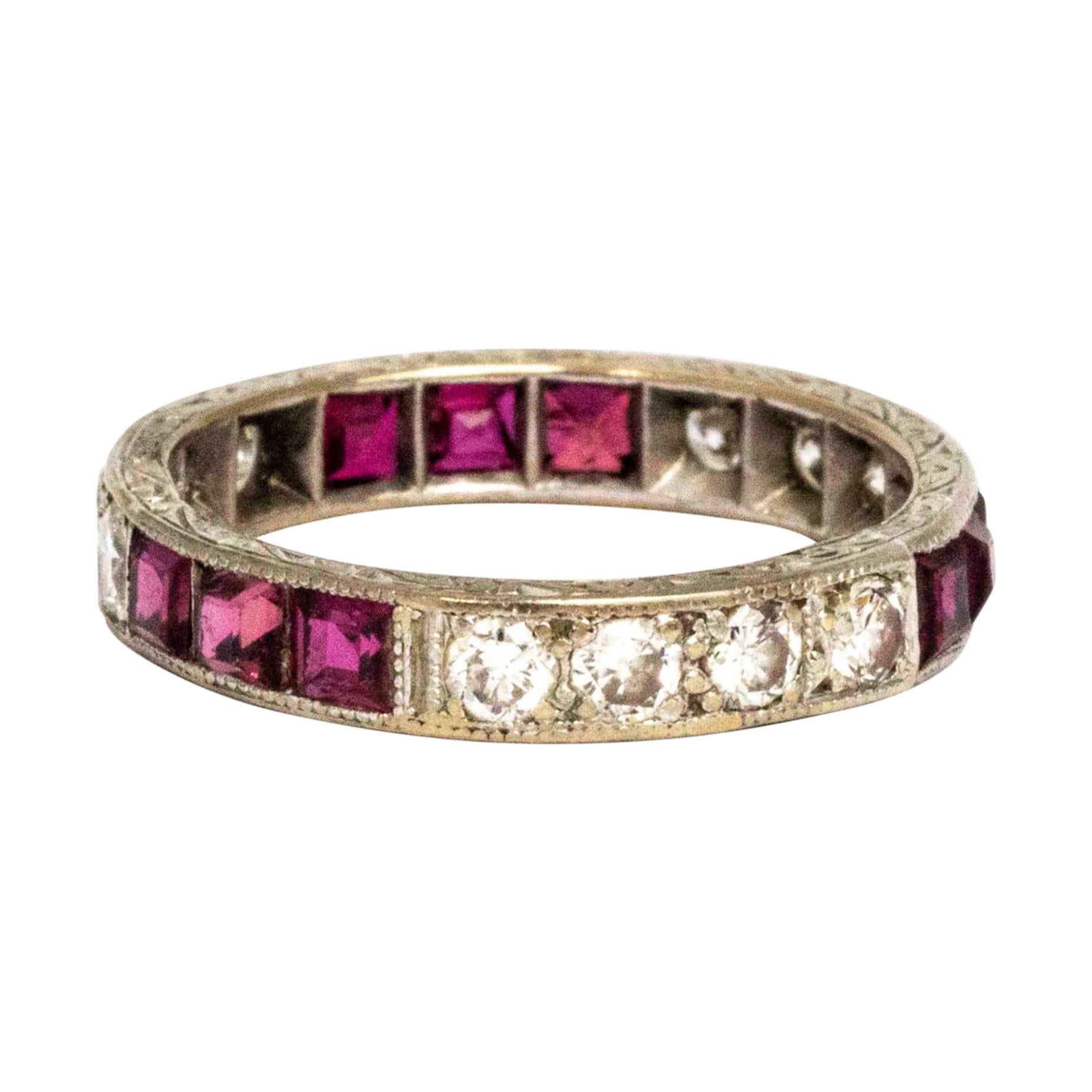 Vintage Ruby and Diamond Art Deco 18 Carat White Gold Eternity Ring