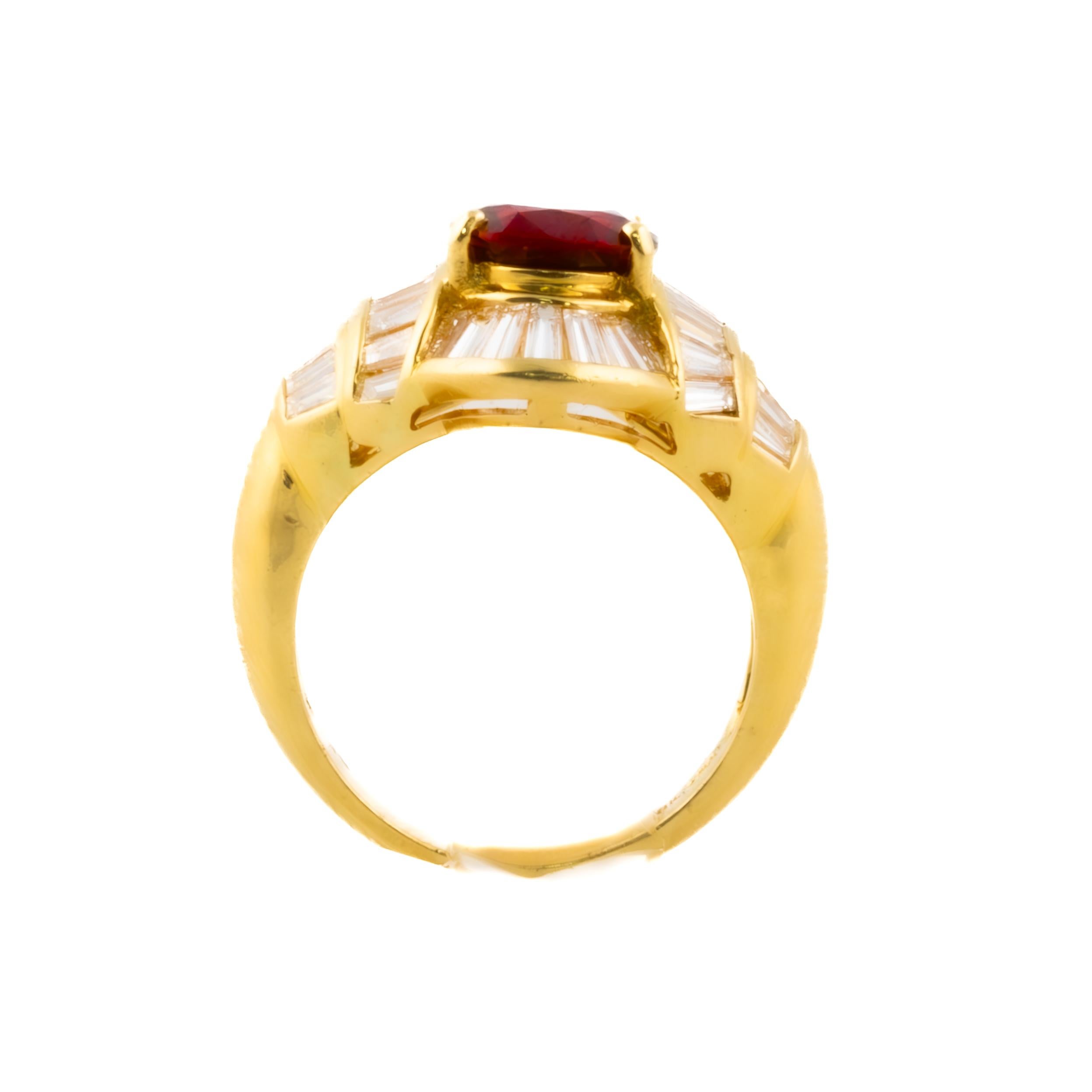 Vintage Ruby and Diamond Baguette Ring

A truly regal masterpiece, this striking ring features a deep crimson ruby at its heart, its rich hue exuding timeless sophistication. The centerpiece is encircled by a mesmerizing array of radiant