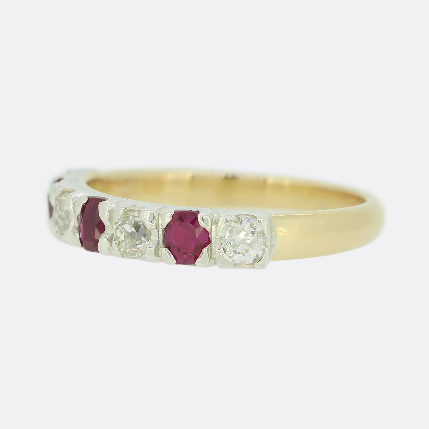 Here we have a vintage 18ct yellow gold ruby and old cut diamond band ring. Each stone here is round faceted and has been claw set in white gold in an alternating fashion across the face. 

Condition: Used (Very Good)
Weight: 2.9 grams
Size: N
