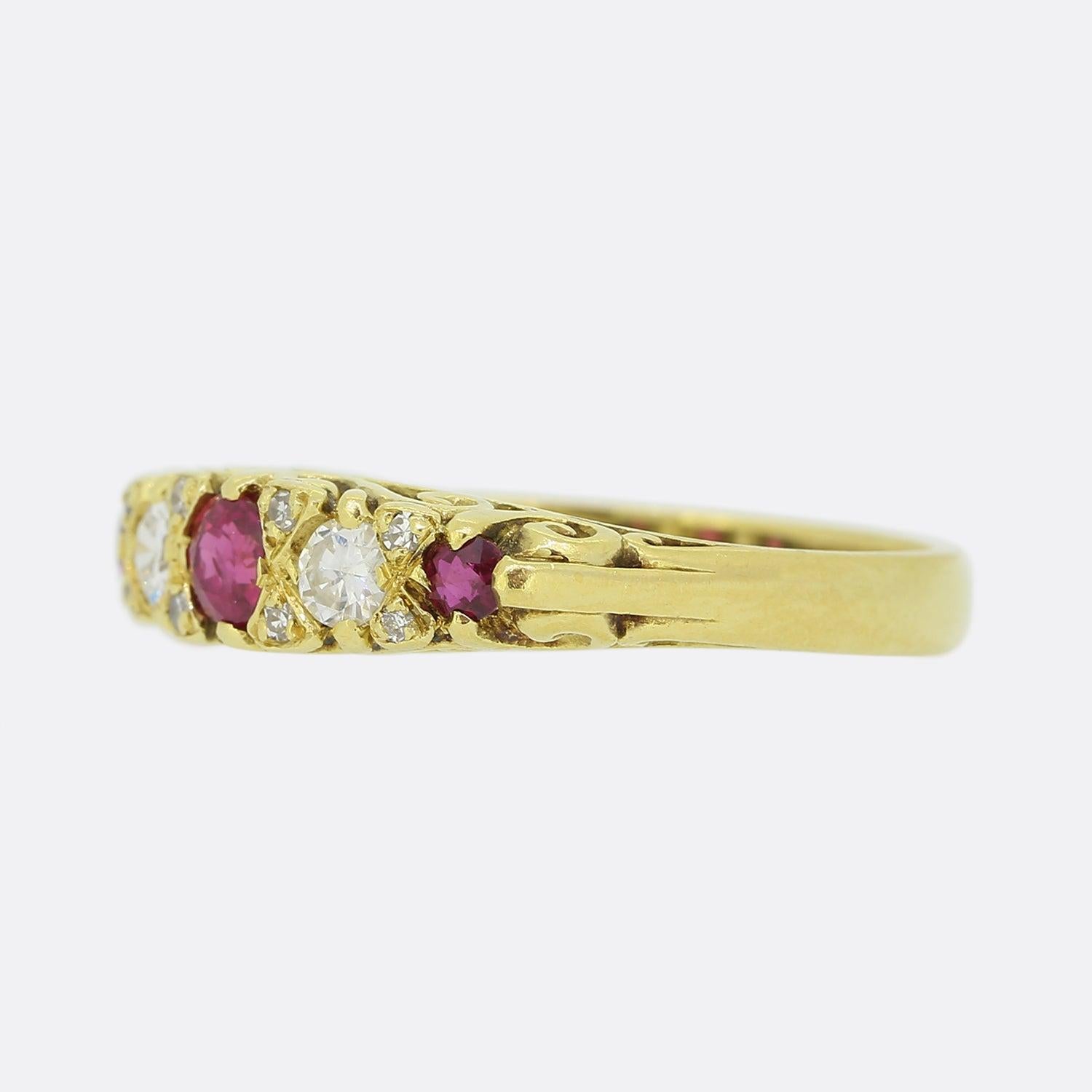 This is a vintage 18ct yellow gold ruby and diamond band ring. The ring features an alternating pattern of rich red rubies and brilliant cut diamonds with two smaller diamonds set in between each stone. 

Condition: Used (Very Good)
Weight: 3.8