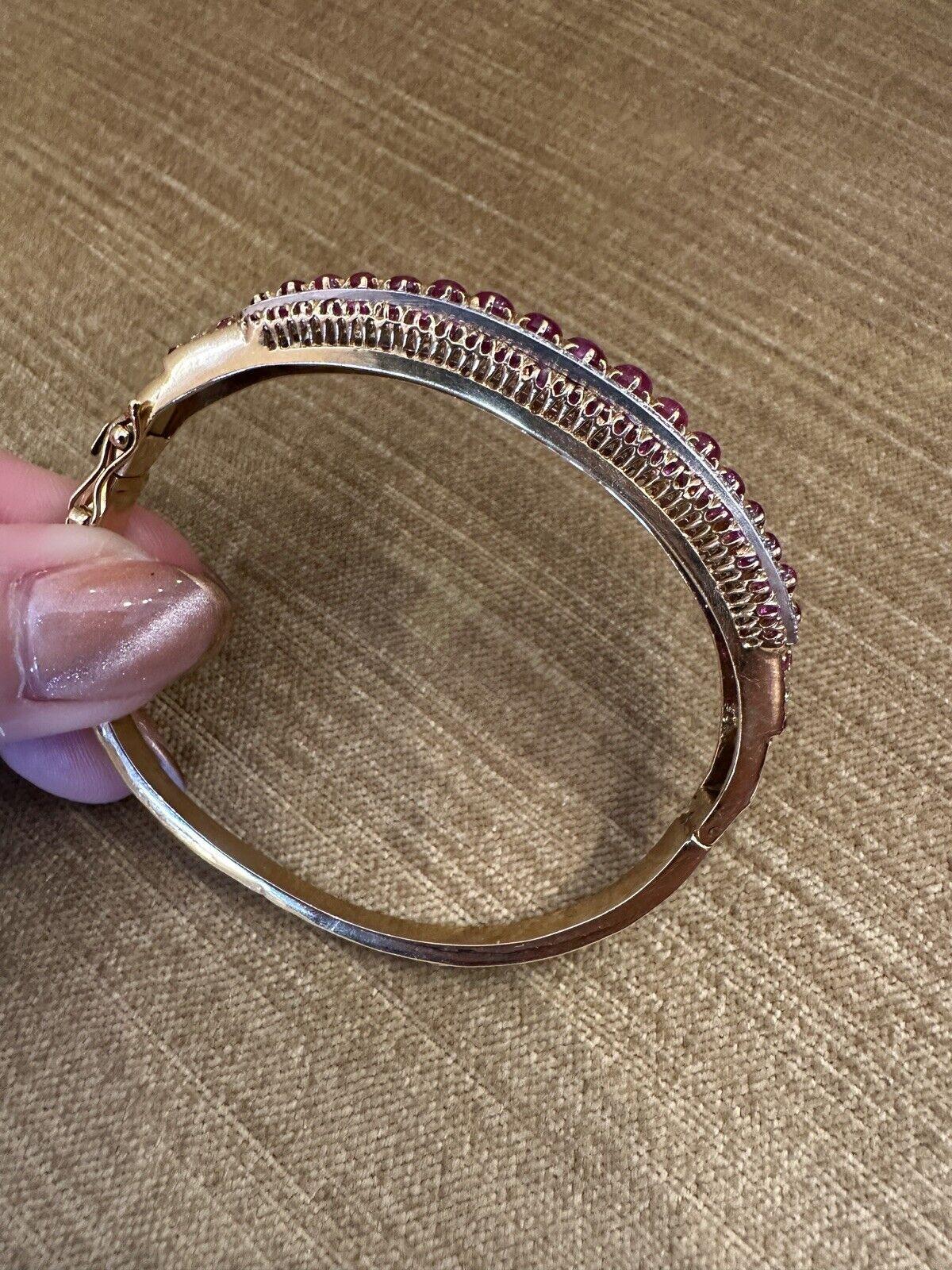 Round Cut Vintage Ruby and Diamond Bangle Bracelet in 18k Yellow Gold For Sale