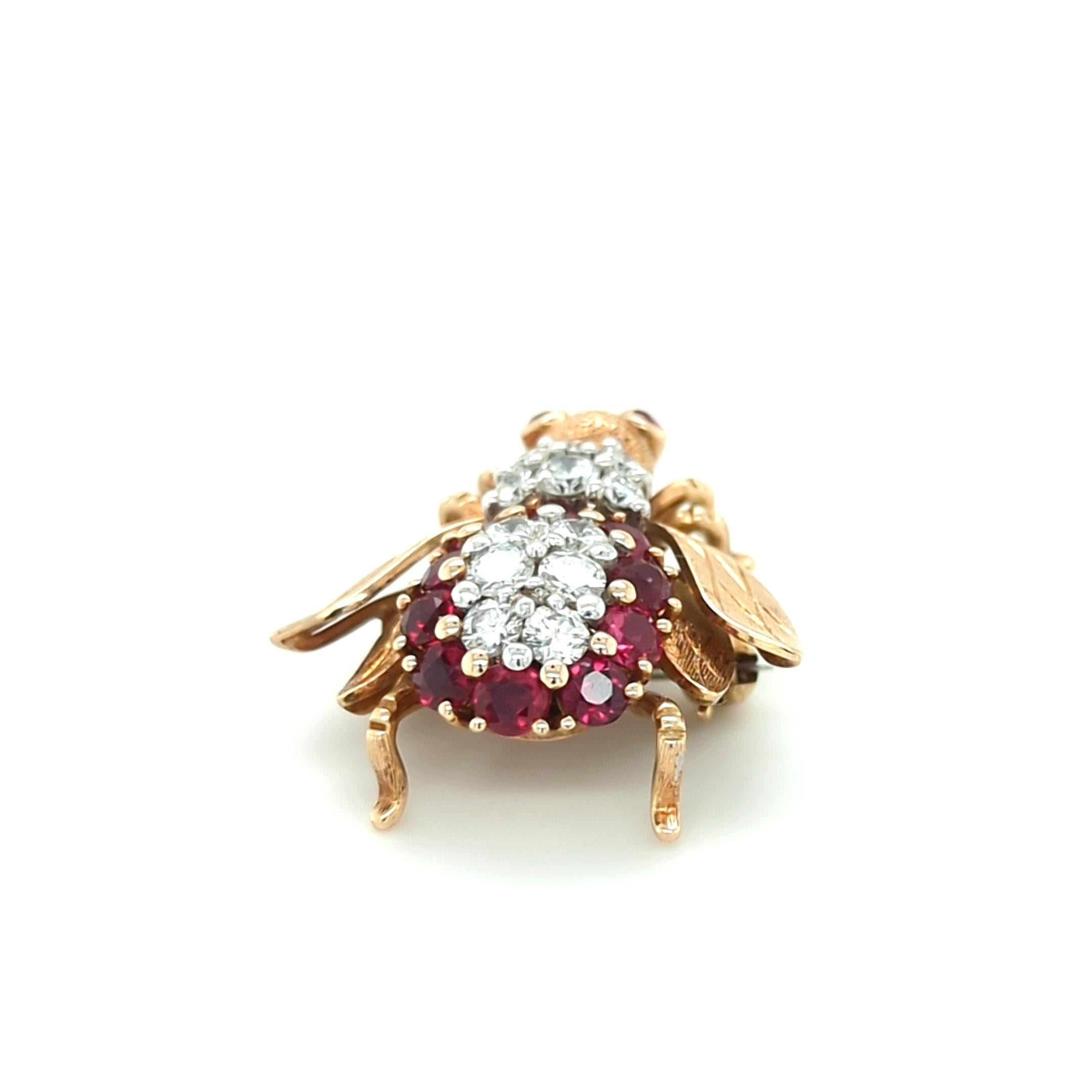 Contemporary Vintage Ruby and Diamond Bee Brooch in 14kt Yellow Gold by Frank J. Golden For Sale