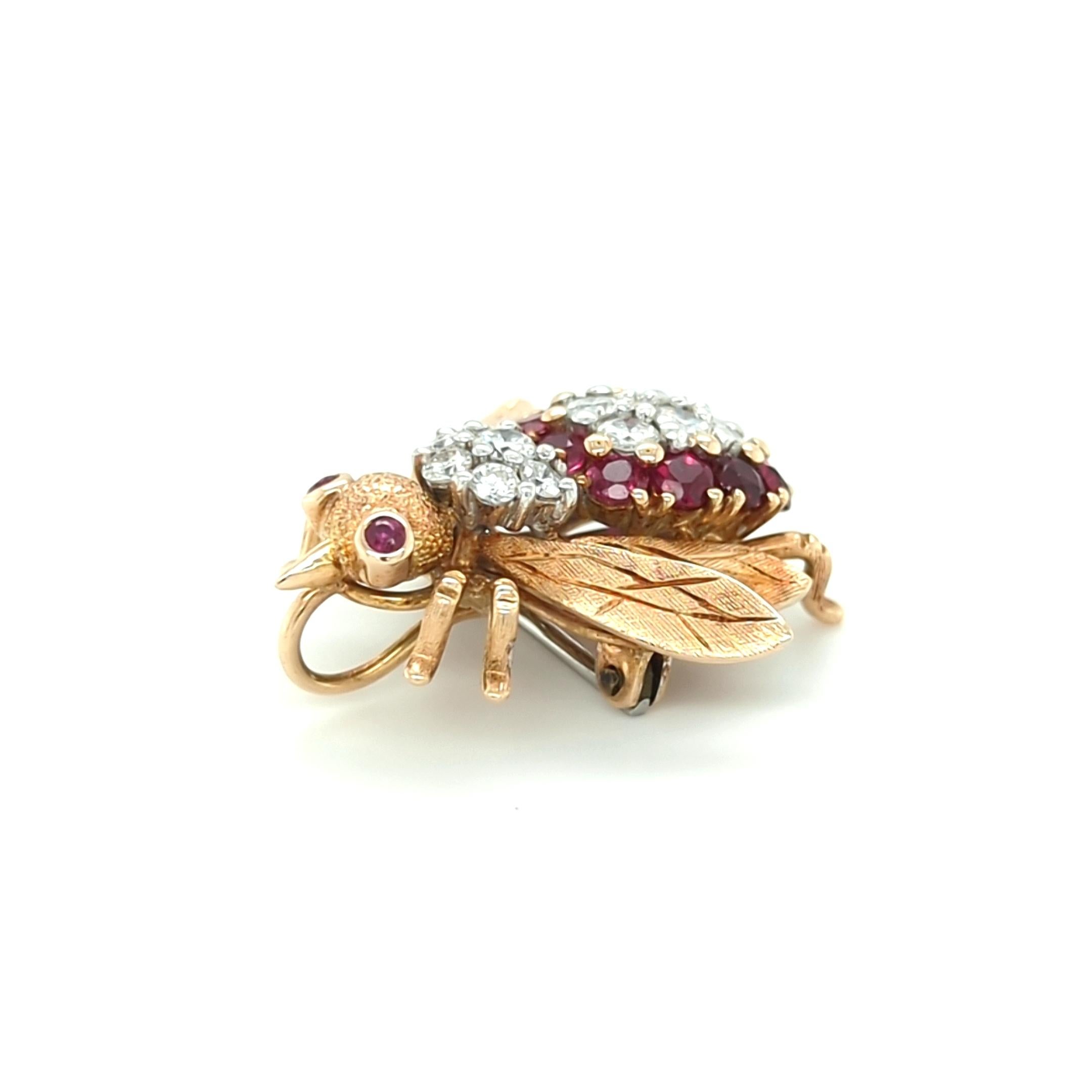 Round Cut Vintage Ruby and Diamond Bee Brooch in 14kt Yellow Gold by Frank J. Golden For Sale