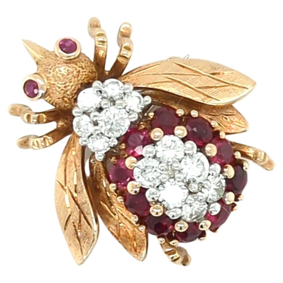 Vintage Ruby and Diamond Bee Brooch in 14kt Yellow Gold by Frank J. Golden For Sale