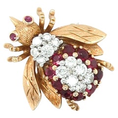 Vintage Ruby and Diamond Bee Brooch in 14kt Yellow Gold by Frank J. Golden