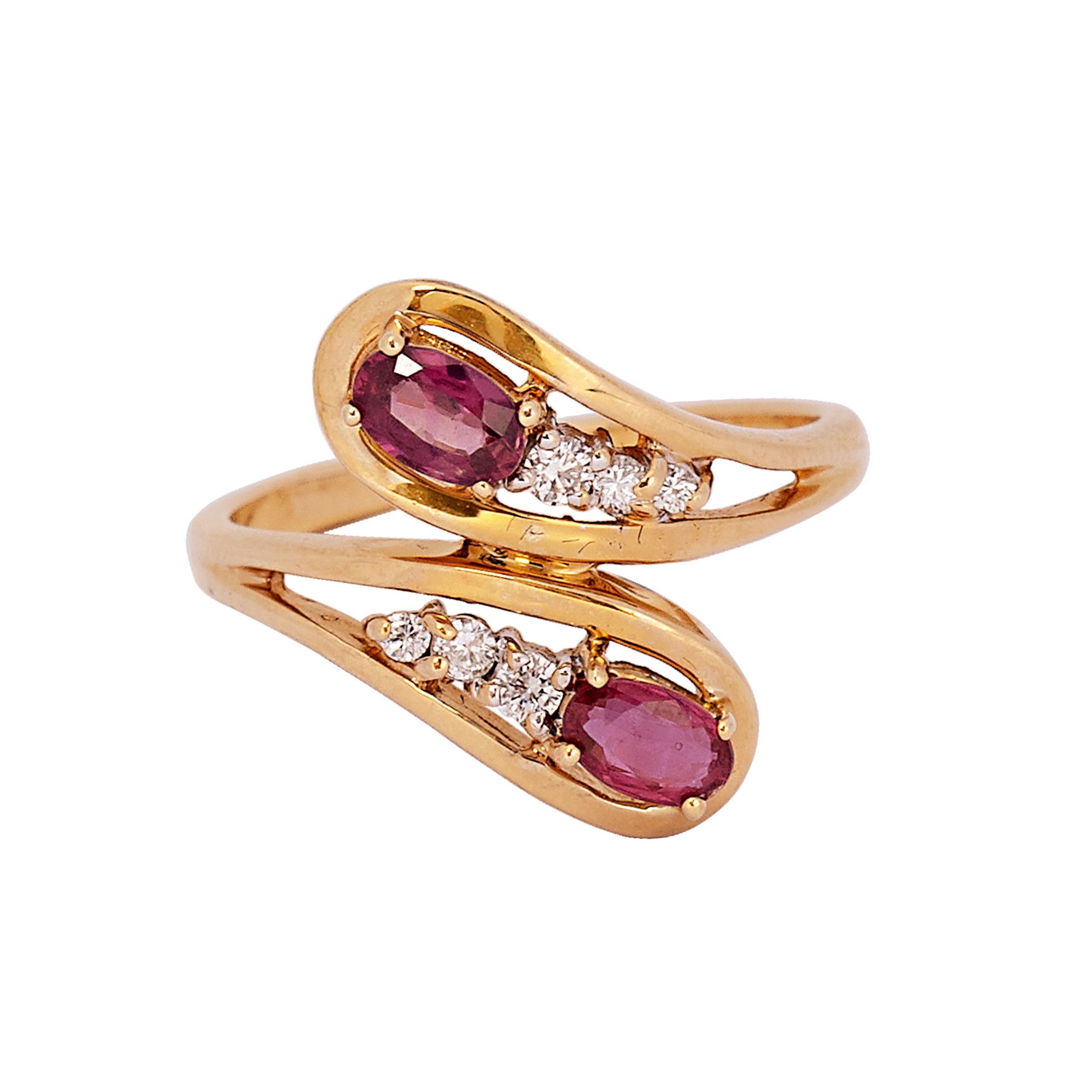 Vintage Ruby and Diamond Bypass 14k Yellow Gold Ring For Sale at