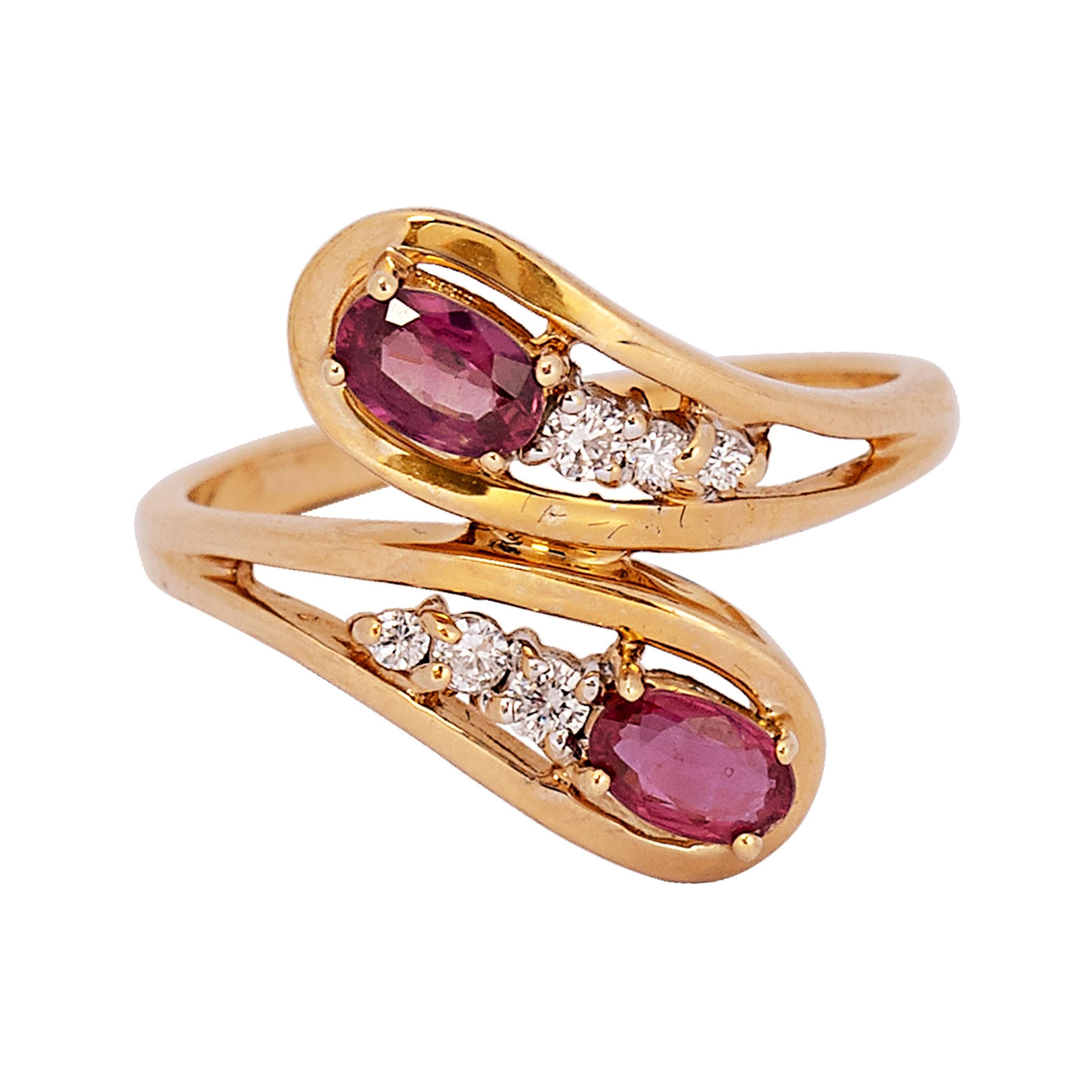 Vintage Ruby and Diamond Bypass 14k Yellow Gold Ring