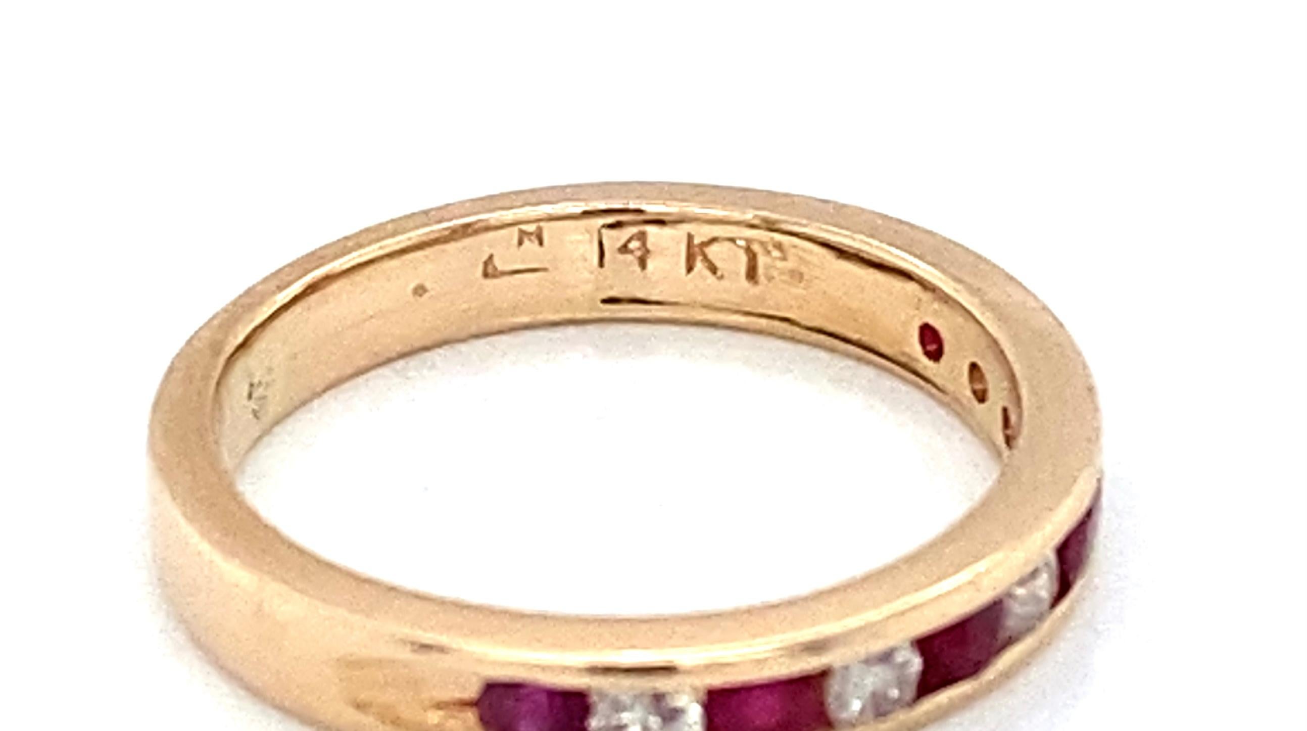 Women's or Men's Vintage Ruby and Diamond Channel Set 14 Karat Yellow Gold Band For Sale