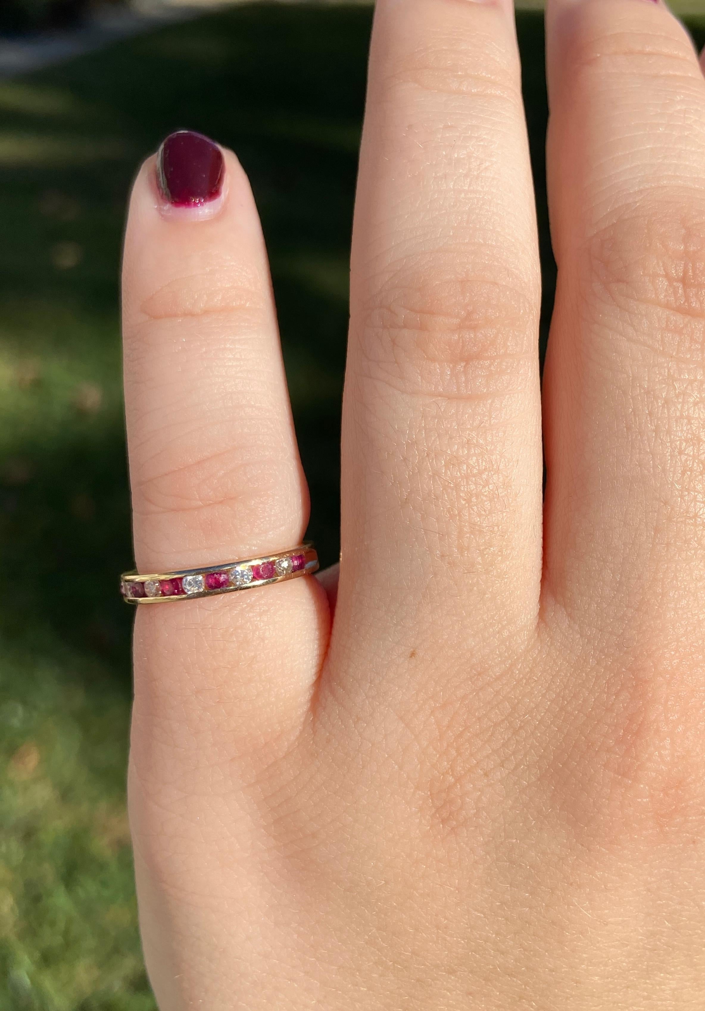 Vintage Ruby and Diamond Channel Set 14 Karat Yellow Gold Band For Sale 1
