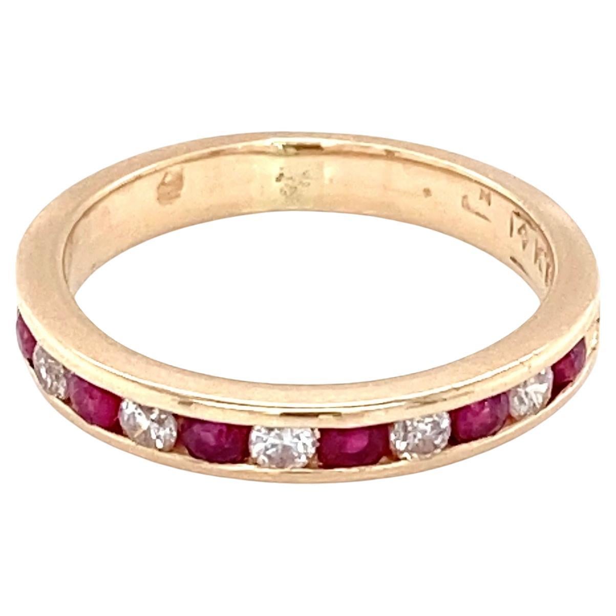 Vintage Ruby and Diamond Channel Set 14 Karat Yellow Gold Band