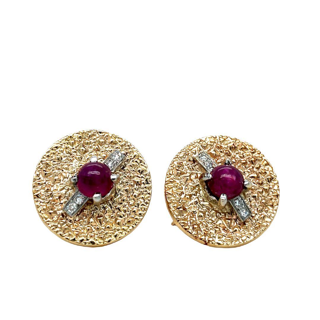 Cabochon Vintage Ruby and Diamond Circle Non Pierced Screw On Earrings 14K Yellow Gold For Sale