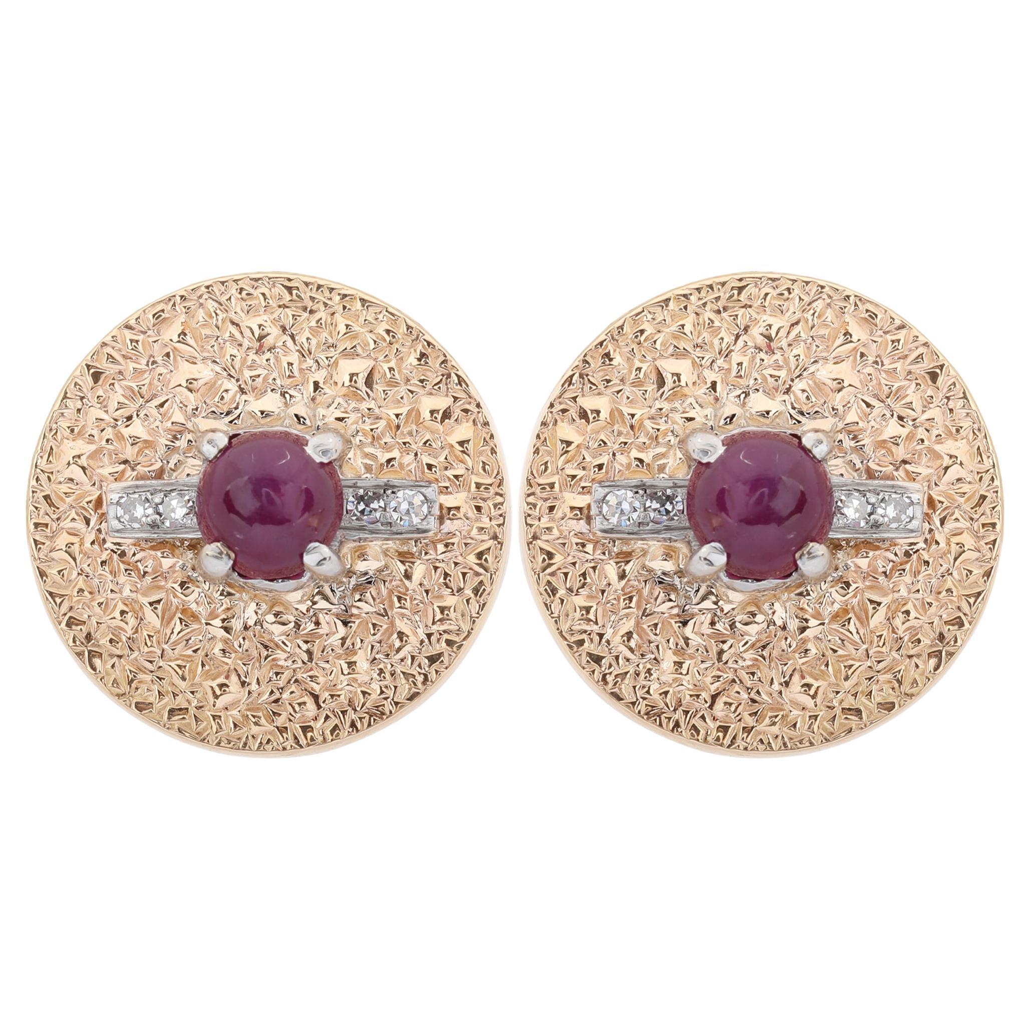 Vintage Ruby and Diamond Circle Non Pierced Screw On Earrings 14K Yellow Gold For Sale