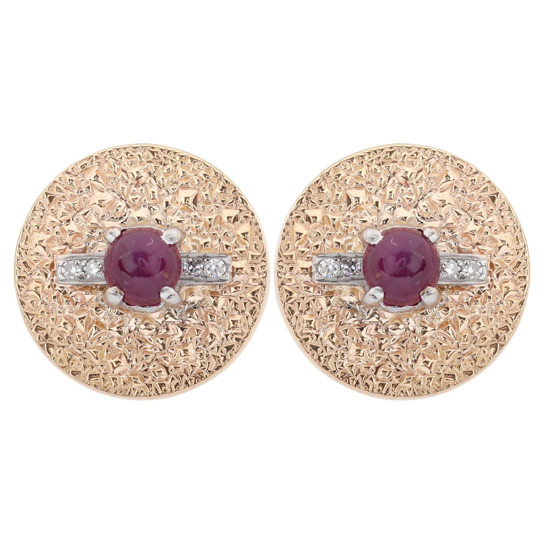 Boucles d'oreilles à vis vintage en or jaune 14 carats avec rubis et diamants en forme de cercle, non percées