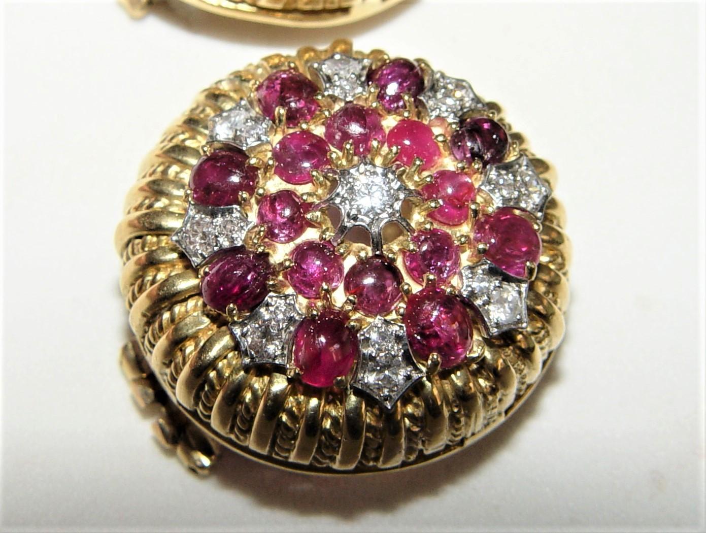 Cabochon Vintage Ruby and Diamond Clip-on Earrings 33.1 g 18K gold 27MM For Sale