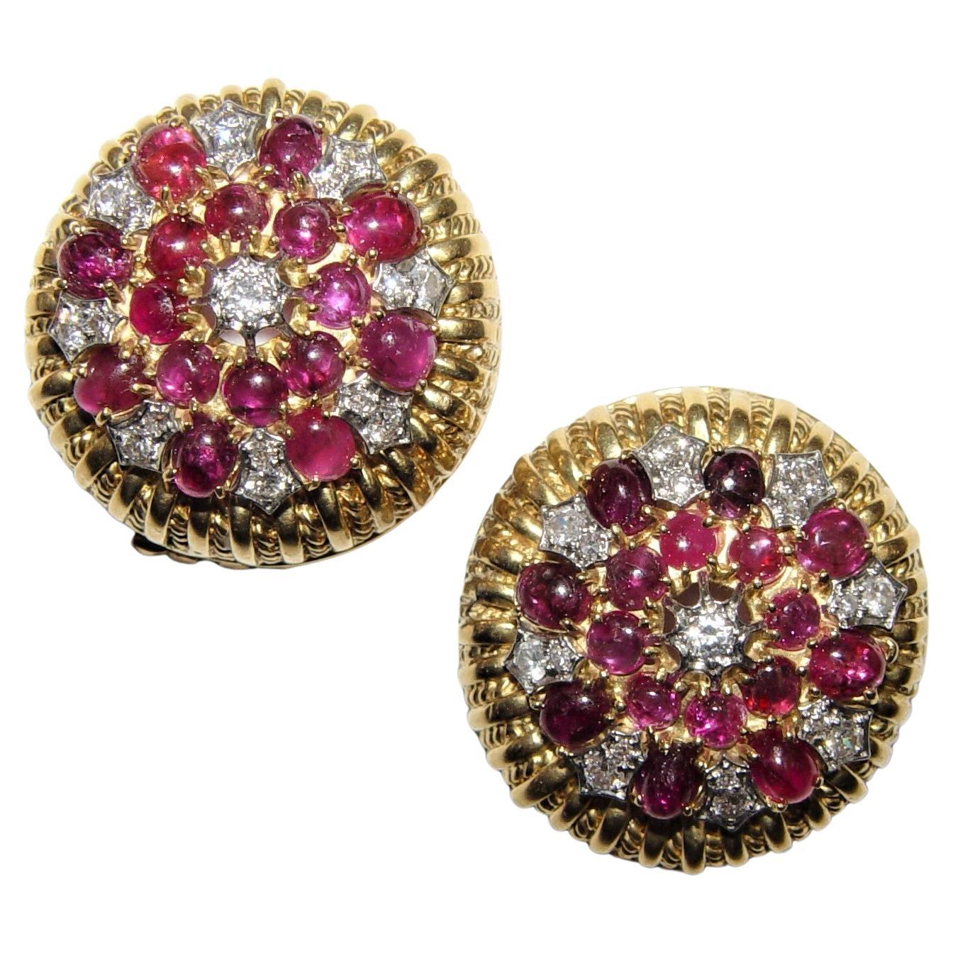 Vintage Ruby and Diamond Clip-on Earrings 33.1 g 18K gold 27MM For Sale