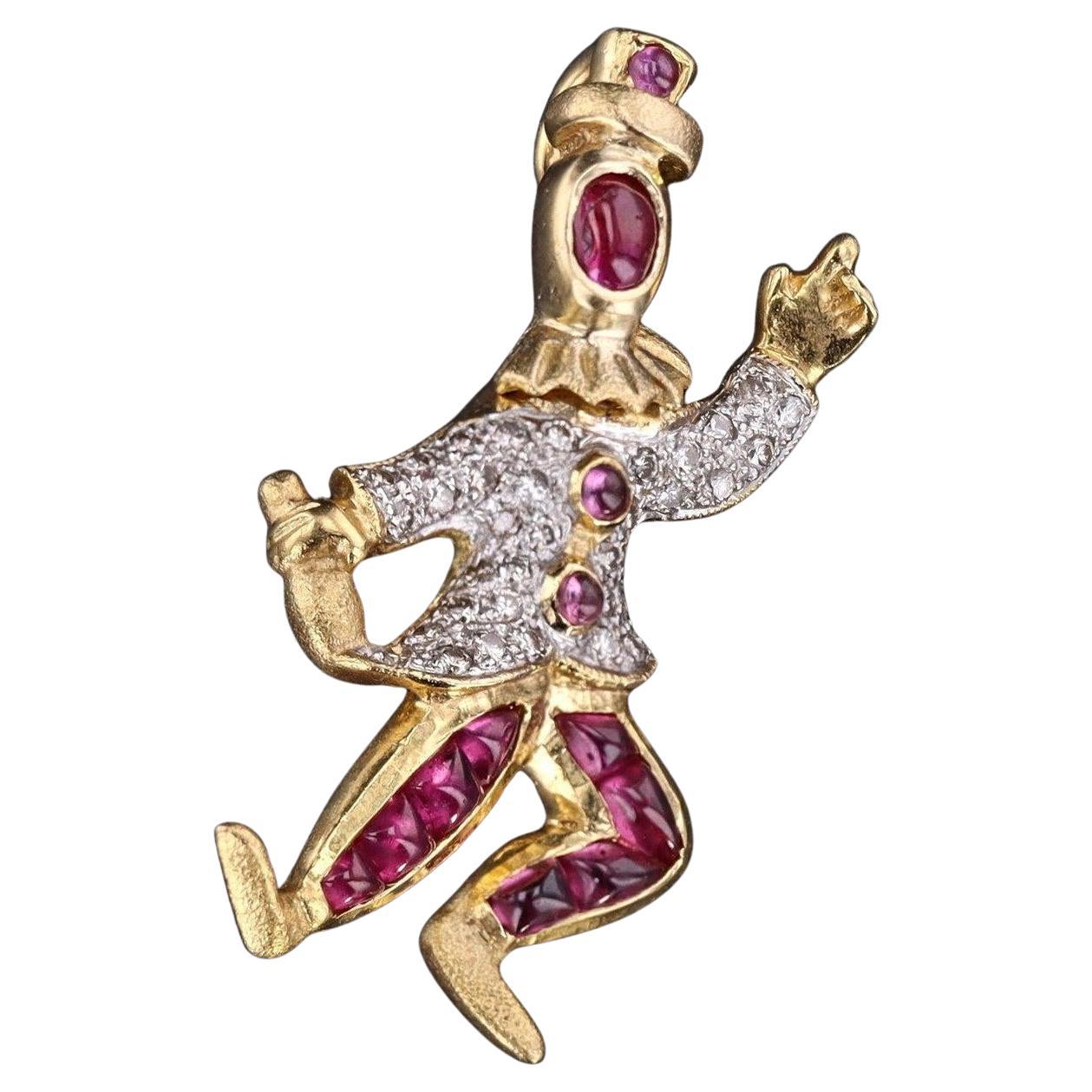 Vintage Ruby and Diamond Clown Pendant Brooch of 18k Gold