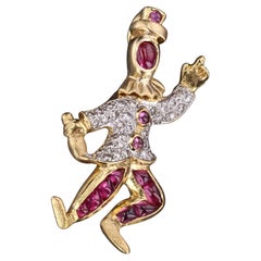 Vintage Ruby and Diamond Clown Pendant Brooch of 18k Gold