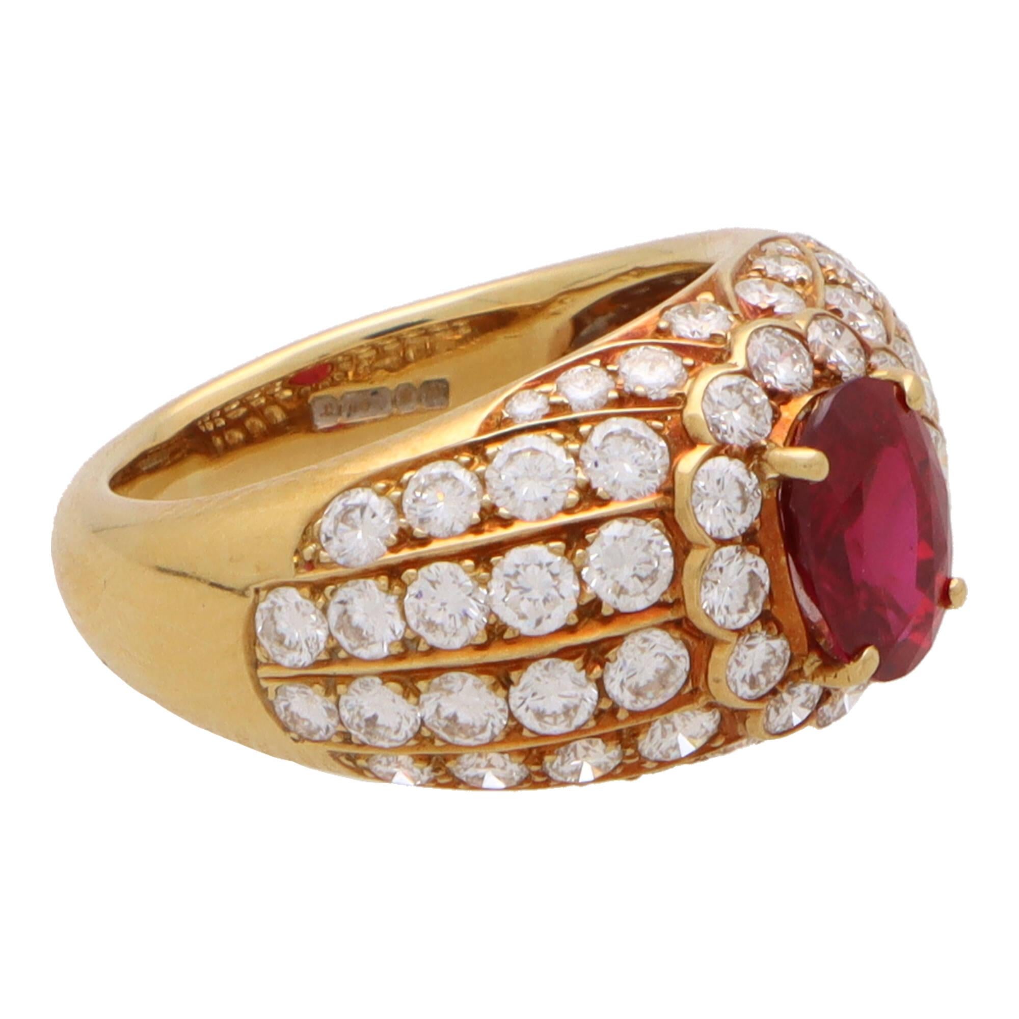 Oval Cut  Vintage Ruby and Diamond Cluster Bombe Ring in 18k Yellow Gold For Sale
