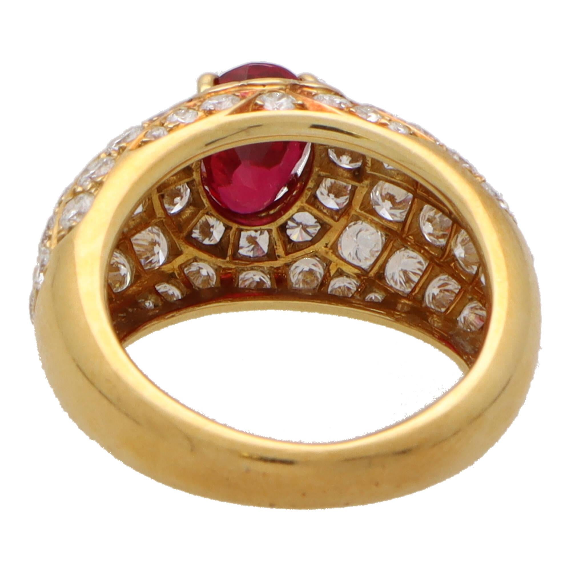 Women's or Men's  Vintage Ruby and Diamond Cluster Bombe Ring in 18k Yellow Gold For Sale