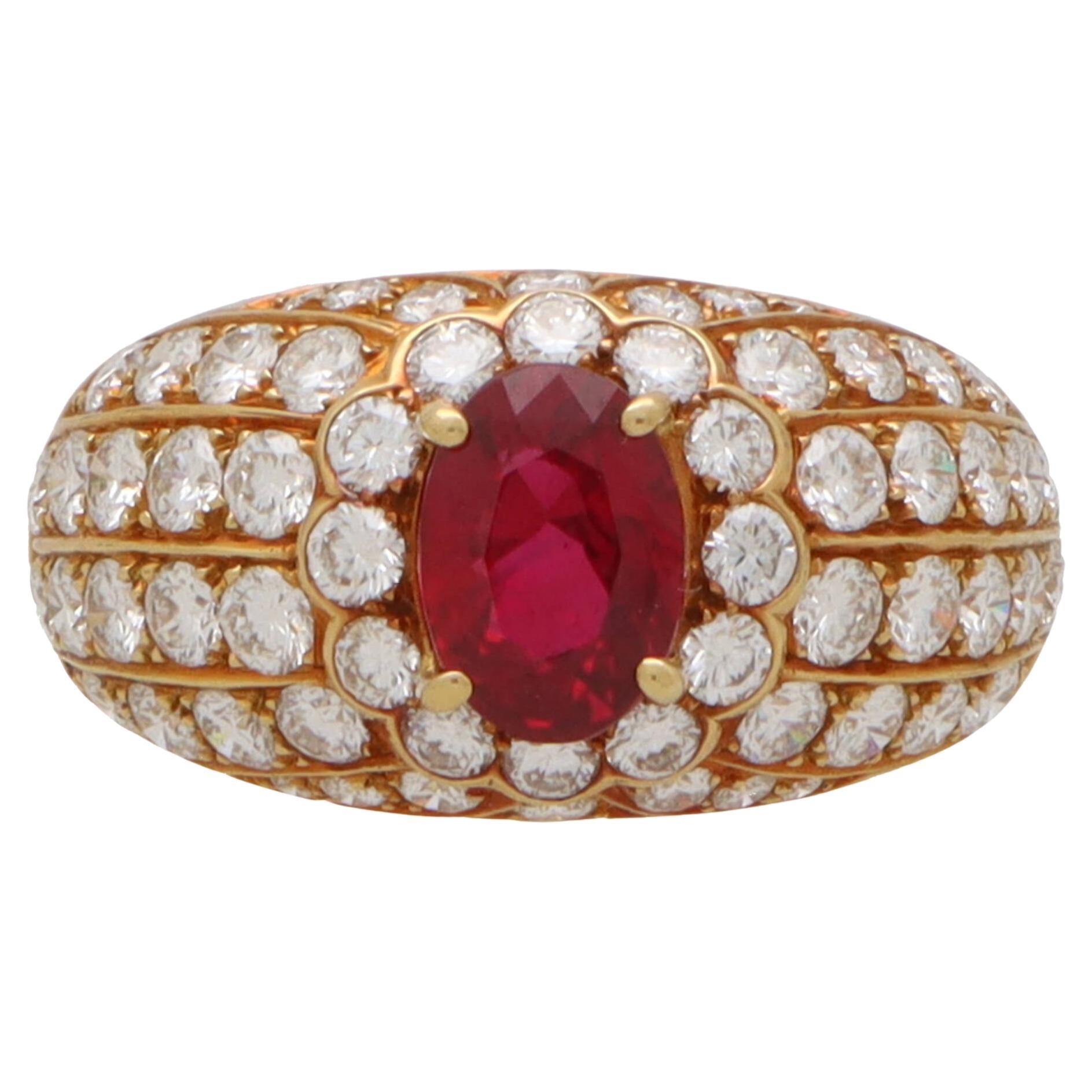  Vintage Ruby and Diamond Cluster Bombe Ring in 18k Yellow Gold For Sale