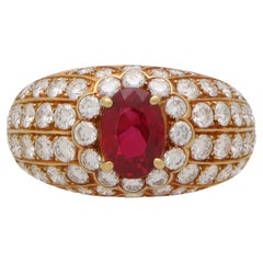  Vintage Ruby and Diamond Cluster Bombe Ring in 18k Yellow Gold