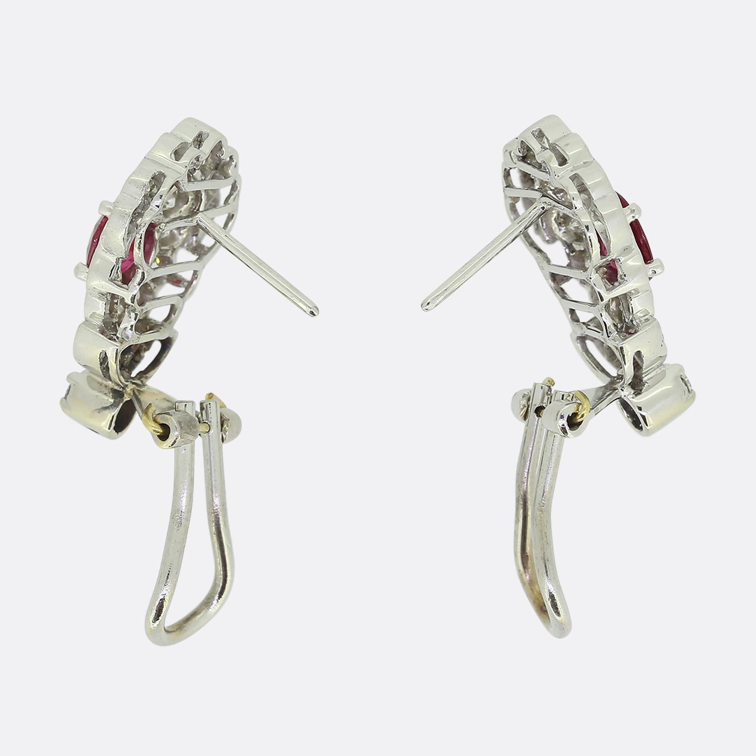 Oval Cut Vintage Ruby and Diamond Cluster Earrings For Sale