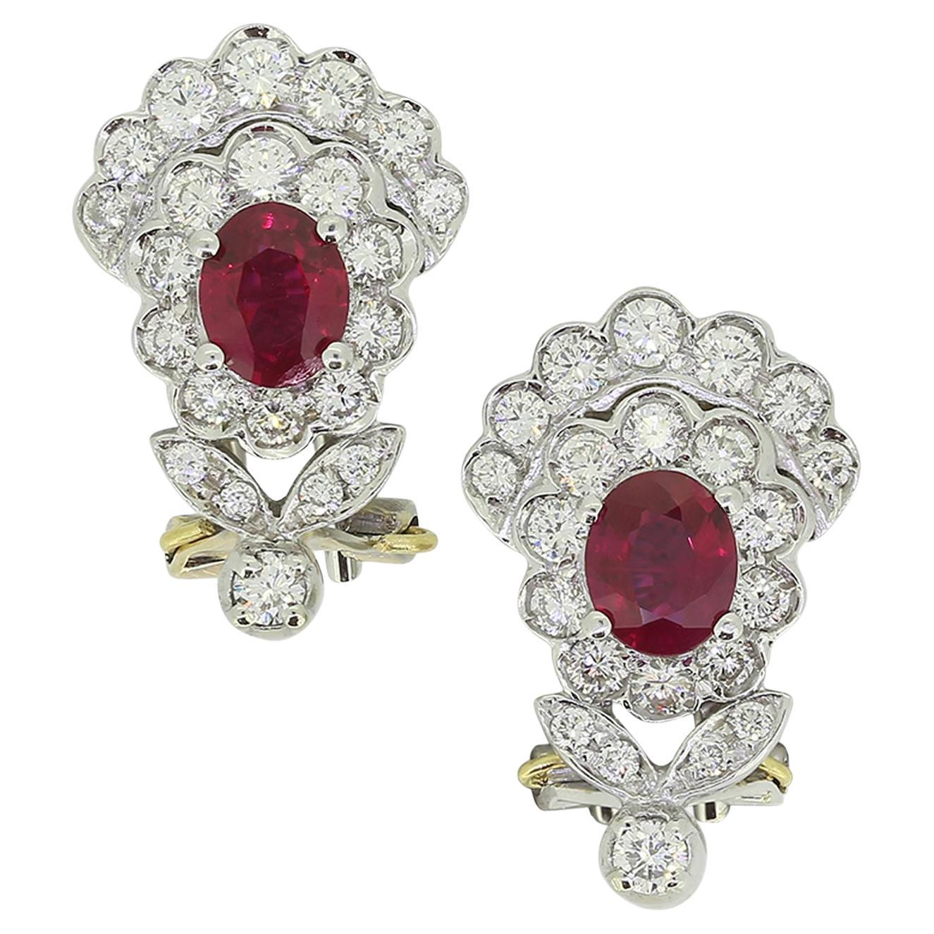 Vintage Ruby and Diamond Cluster Earrings For Sale