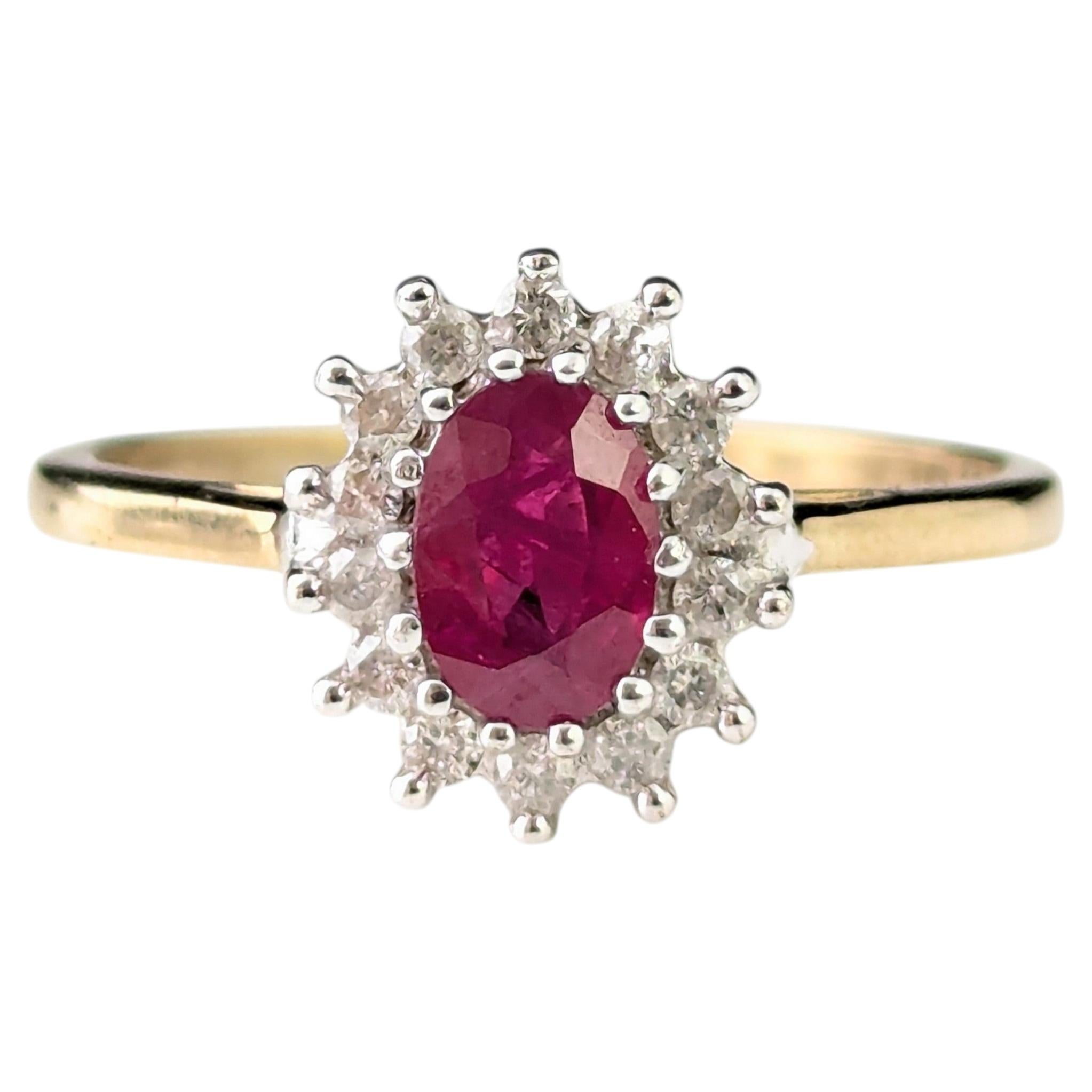 Vintage Ruby and Diamond cluster ring, 9k gold, Glass filled Ruby